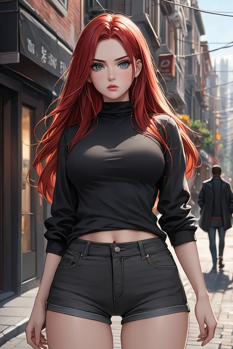 (masterpiece, best quality, 8k, high definition ), whole body, 1 girl , long red hair, Mid-chest, grey Eyes , soft lips , Beautiful face, wearing tight black denim shorts, black shirt, and a black jacket, natural light, detailed background, Detailed Illustration Art , standing on a city street, a determined expression on her face
