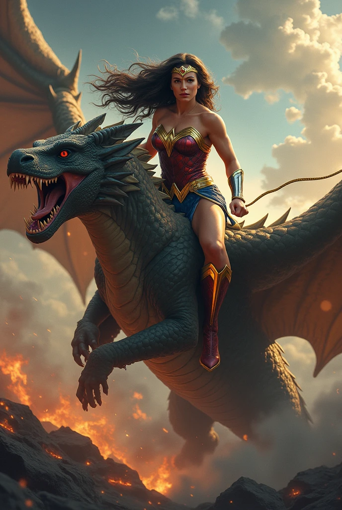 Wonderwoman, beautiful, young, large breasts, large eyes, thick black hair, topless, attacking a dragon, skimpy ancient clothing, well lit, ancient castle on a mountain in background, high resolution, by Luis royo, by Frank frazetta, by Boris vellejo