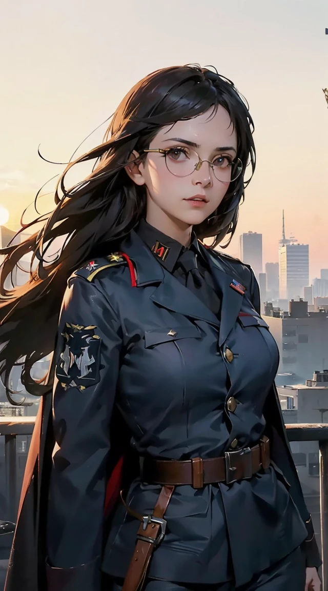 Anime girl with gun and backpack in the city, M4 Sopmod II Girls Frontline, girls frontline style, Mechanized soldier girl, ry girl, artwork in the style of guweiz, from girls frontline, soldier girl, girls frontline cg, guweiz on artstation pixiv, badass anime 8 K, Fine details. girls' frontline (ultra-detailed, dynamic action sequence: 1.2), lara croft with a leather jacket, messy yet beautiful hair flying in the wind, gun belt, shorts and thigh-high boots, toned muscles, batman clad in a sleek armor suit, cape flowingly behind, batman's mask revealing detailed features,
detailed background, cityscape with towering buildings and neon lights, sun setting casting an orange glow,
(action-packed: 1.4), lara expertly handling the motorbike, Batman's arms wrapped around her waist for support, leaning in to speak into her ear,
BREAK, intense focus on their faces,　Realistic, (German World War II general uniform reference : 1.8), the highest facial resolution, , mulher modestamente vestida, vestido inteiramente, ( pequeno, cabelos pretos, black franja reta, super thin braids, franja reta, Red glasses, olho verde escuro, science fiction, Fighter aircraft, standing On the landing of a Fighter aircraft, the agency, uma personalidade profundamente inteligente, A calm expression, um rosto respeitoso, uma guerra, a Fighter aircraft　(illustration:1.2), (mature female:1.2), 1girl, solo, red background, smoke, long hair, black hair, simple background, outside border, looking at viewer, red eyes, shirt, bangs, collared shirt, white shirt, upper body, closed mouth, glasses