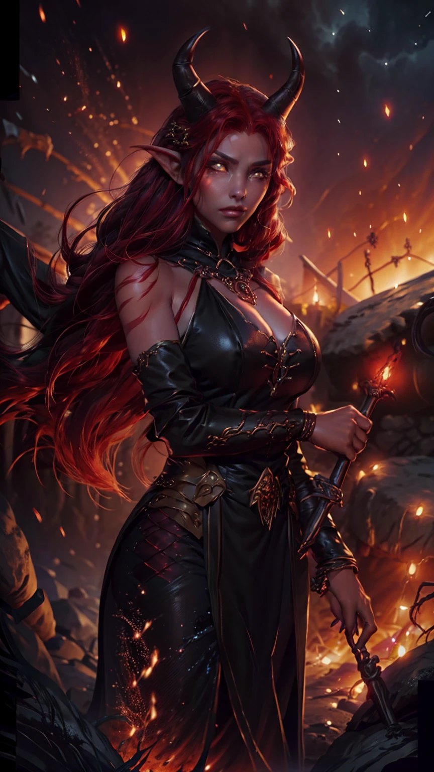 Highly detailed, realistic, cinematic. A beautiful female Tiefling D&D warlock with crimson skin, red skin, colored skin, glowing golden eyes, and elegant curved horns. She wears dark, intricate leather robes adorned with mystical runes and arcane symbols. Her long, flowing hair cascades around her shoulders, and she holds a crackling, glowing eldritch staff in one hand. The setting is a dark and atmospheric fantasy landscape, with faint purple magical energy swirling around her. Her pose is confident and mysterious, exuding power and otherworldly charm