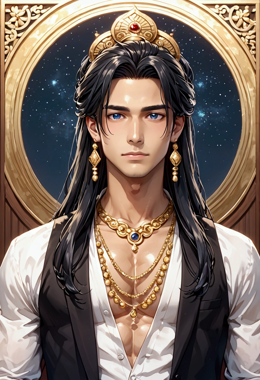 "A breathtaking anime-style male character inspired by Indian characteristics, blending the elegance of Lord Vishnu with a mix of modern and ancient aesthetics. He has a symmetrical, radiant face (Sumukha), exuding charm and nobility (Abhirūpa), with a physique that is athletic and graceful (Rūpasvin and Sarūpa). His attire combines traditional Indian elements like flowing ornate fabrics and celestial motifs with sharp, contemporary tailoring, featuring vibrant colors such as deep blue, gold, and silver, adorned with intricate patterns. His dark, glossy hair is styled elegantly, enhancing his glowing, divine appearance. The background is ethereal, with soft golden light and a serene sky, amplifying his divine and captivating essence. Keywords: Priyedarshan, Svākṛti, Bhavyarūpa, Sumana, AbhijAta, Śubha, Svarūpa, Abhirūpa, Sumukha."