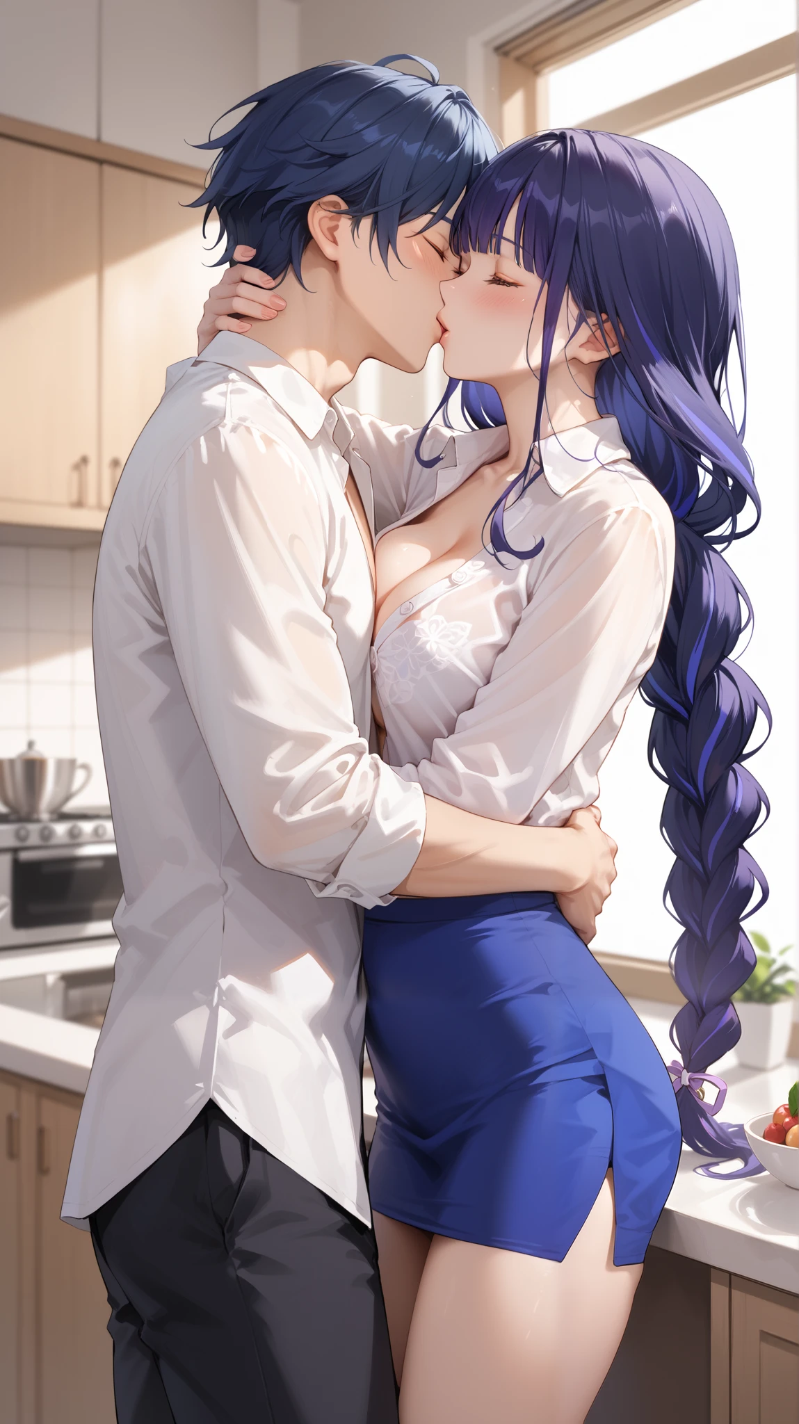 1woman, office lady, raiden shogun \(genshin impact\), wearing white buttoned shirt, cleavage, wearing short pencil skirt, 1boy, scaramouche \(genshin impact\), wearing pajama, hug, passionate kissing, blushing, standing pose, inside kitchen, morning