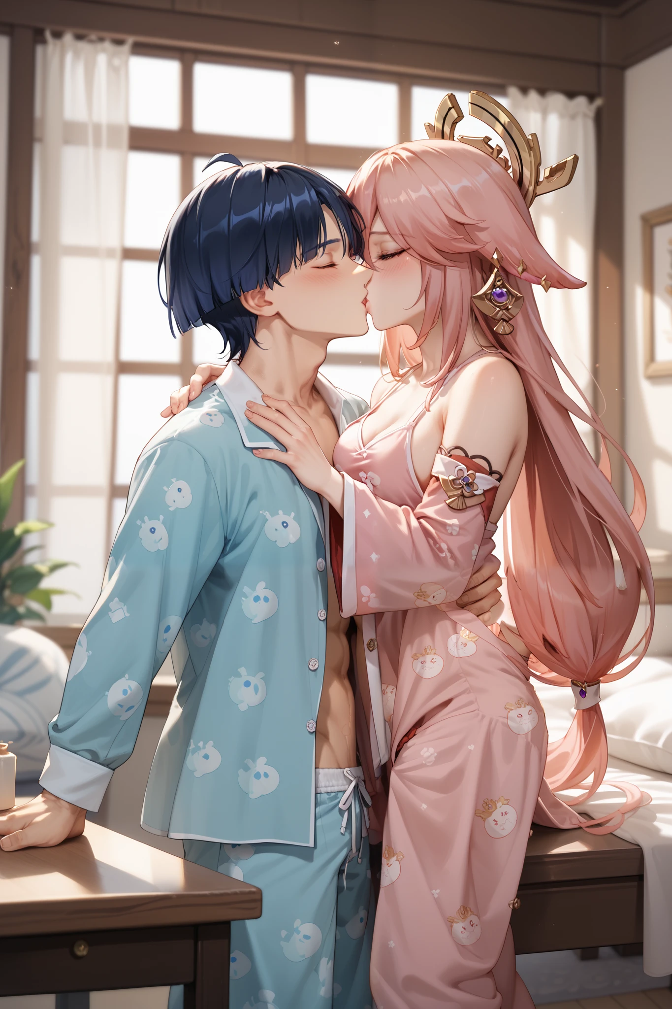 1woman, yae miko \(genshin impact\), wearing open pajama, sitt on table pose, 1boy, scaramouche \(genshin impact\), wearing pajama, standing pose, kissing, blushing, inside bedroom, night