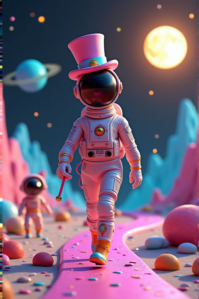 A futuristic 3D scene of an astronaut dressed in a 3L crazy hat character like Alice from Wonderland. He wears an astronaut suit hat and helmet. Alicia accompanies her With Astronaut helmet, The astronaut walks along a path that shows the colorful rings of Saturn. He has a shiny magic wand 🪄. The background is dark, with a sky full of golden stars and a full moon.