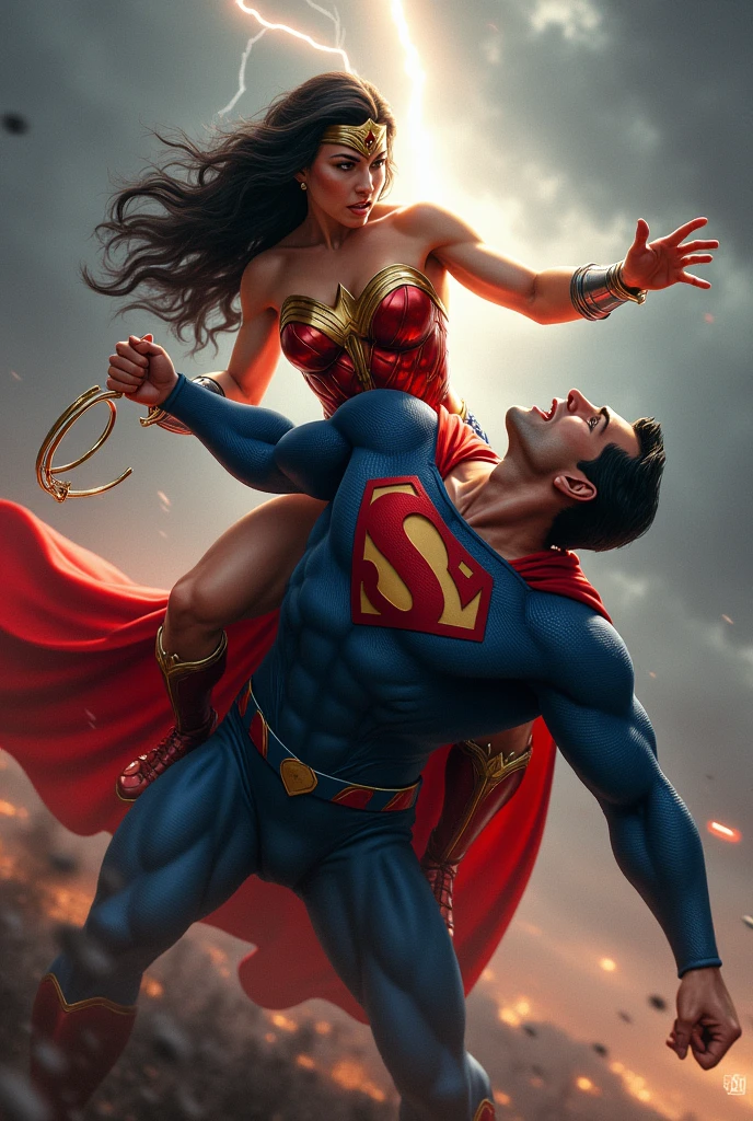 muscular lady in superman costume flying in sky, short black hair, red cape, glowing red eyes, arms up, storm, dark clouds, lightning, night, lightning, rain, particles