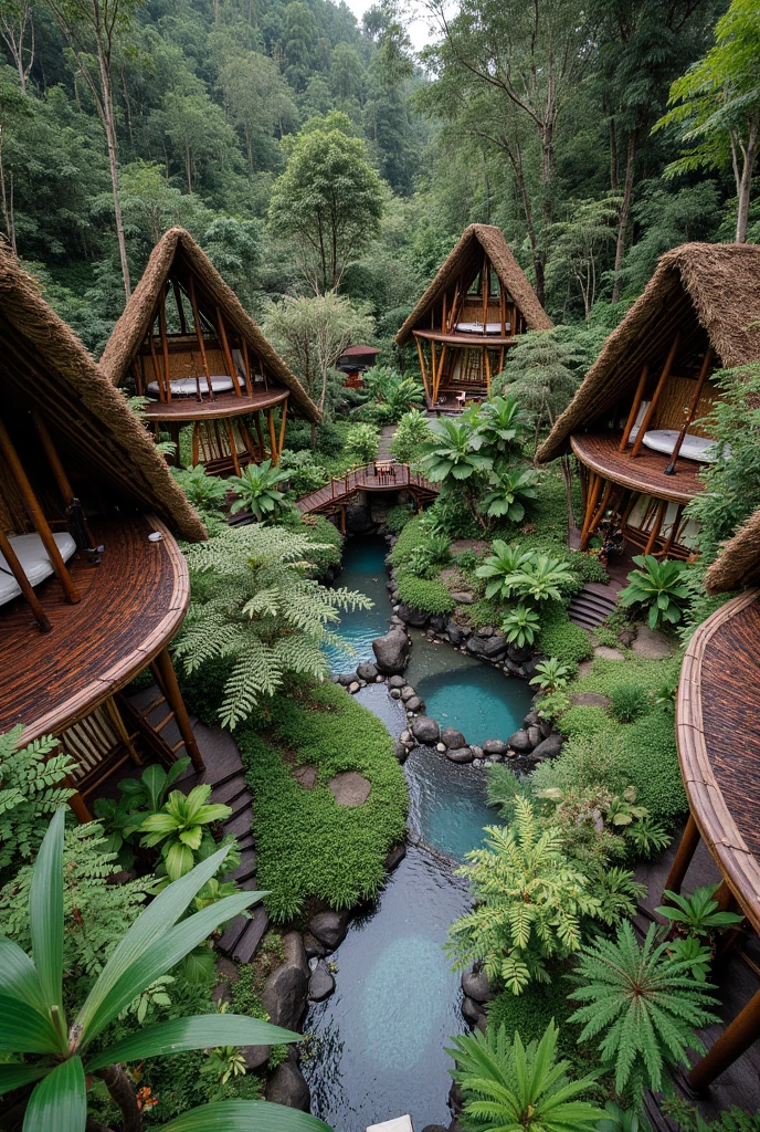 This image depicts a peaceful and lush jungle retreat near a stream in Hoa Binh, Vietnam, featuring several tall thatched-roof bungalows set amidst a lush tropical forest. A series of natural-looking pools and walkways meander through the dense vegetation, creating a tranquil and secluded oasis. The pools are a vibrant turquoise color, blending harmoniously with the surrounding greenery. The architecture of the bungalows incorporates natural materials such as bamboo and thatch, giving the setting an authentic, eco-friendly feel. The overall layout creates a sense of peace, relaxation, and immersion in the natural world.