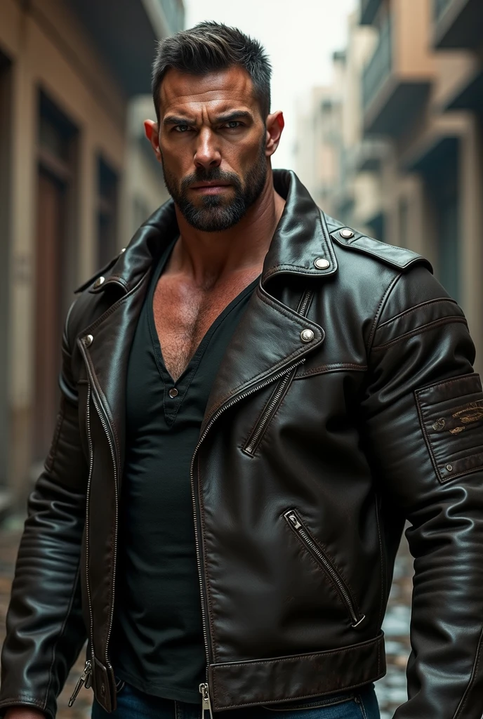 a side view of a muscular man in a long black sleeved leather coat full of metal studs and the massive, exxagerated, tall high collar turned up stuck to the sides of his face completely, detailed facial features, extremely detailed muscular physique, chest hair, hairy chest, masculine tattoos, large penis, big cock, massive outline of bulging penis, fierce and intimidating expression, commanding pose, black mohawk, bearded face, clear and sharp lighting, photorealistic, cinematic, hyper-realistic, high quality, 8k, ultra-detailed, physically-based rendering, studio lighting, no pants, no underwear.