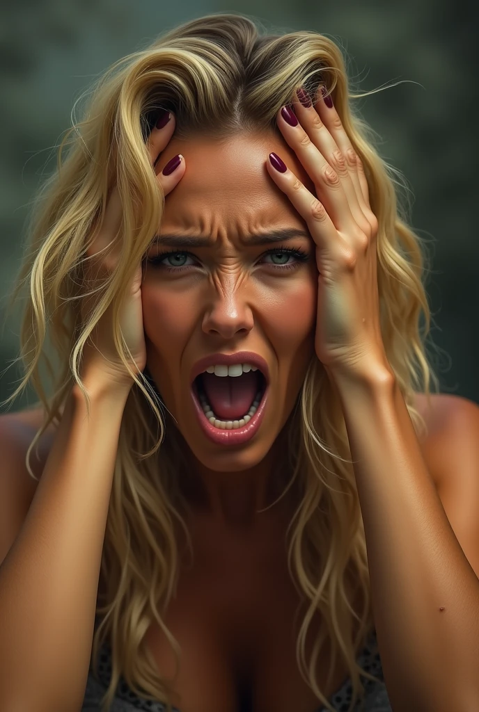 Beautiful blonde woman 40 years old with big breasts in a dress with a big neckline screams angry holds her head with her hands