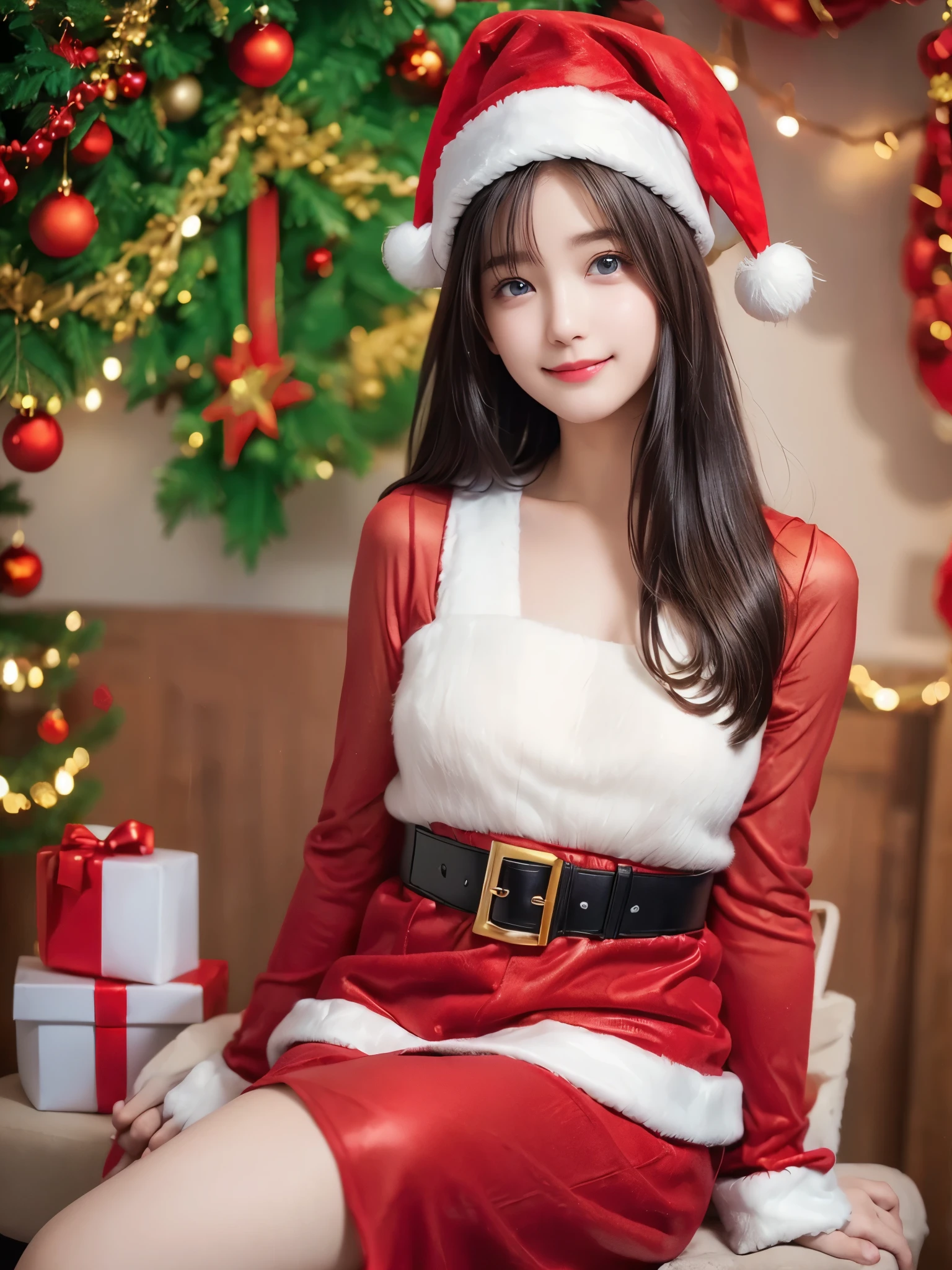  top quality、 super high resolution 、(Photographically: 1.4)、 beautiful eyes、 very beautiful in a chair 、 shiny hair 、Thin hair、 Merry Christmas 、 Christmas tree、smile、(( red Santa Claus costume 、Santa hat、Forehead))