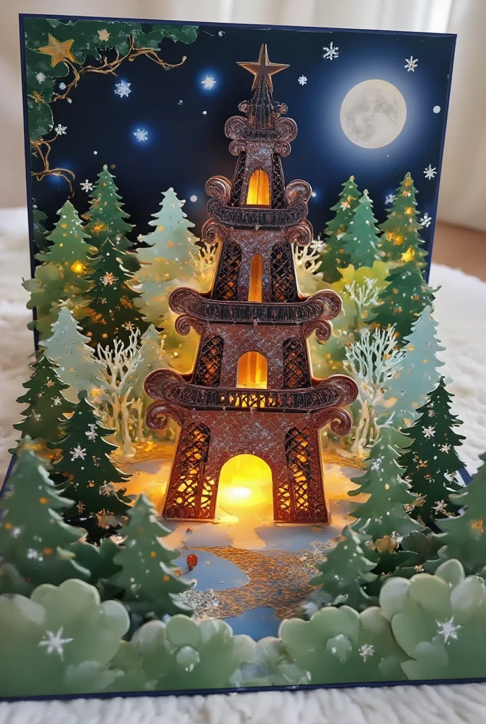  A dark tower standing above the forest, A dark watchtower , at night, moon, ,,Cardboard art engraving