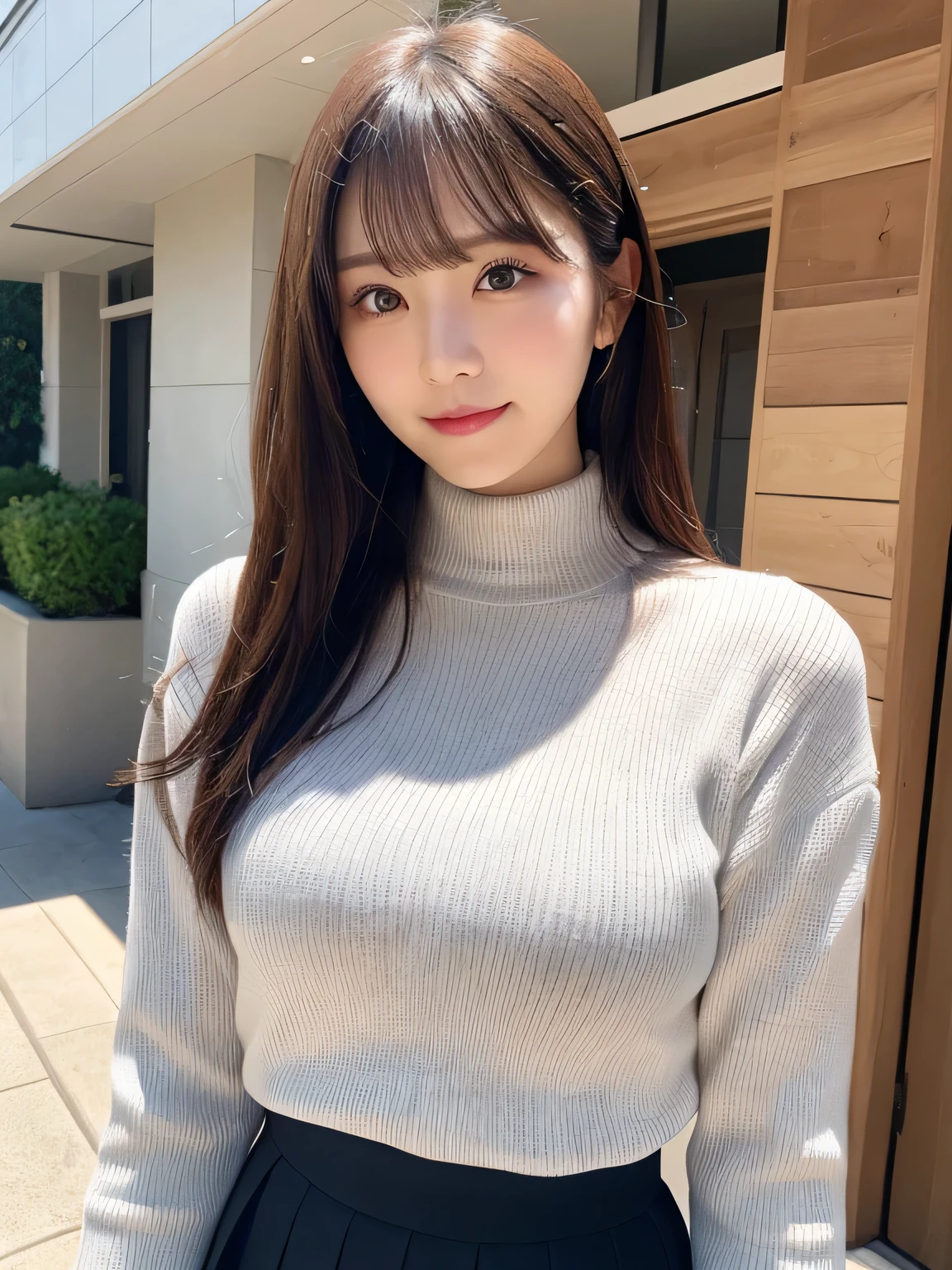 25 years old women, black wavy long hair、bangss、(tight dark blue turtleneck sweater), Puffy nipple、pleatedskirt,Medium milk, cute smile face、(((Raise the skirt with your hands、Sit on one knee upright、opens legs)))、(Emphasis on the chest)、sexy hips、high-heels、pool with sea view、Sit by the pool、sexy pose、Big necklace、耳Nipple Ring、Photos showing the whole body