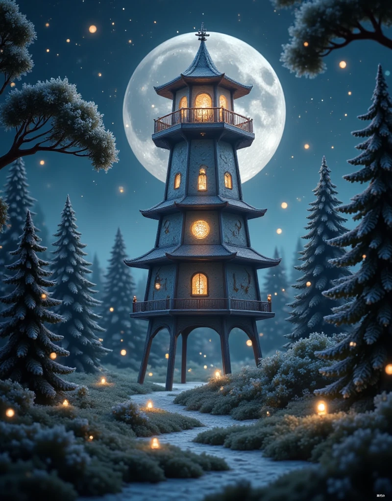  A dark tower standing above the forest, A dark watchtower , at night, moon, 