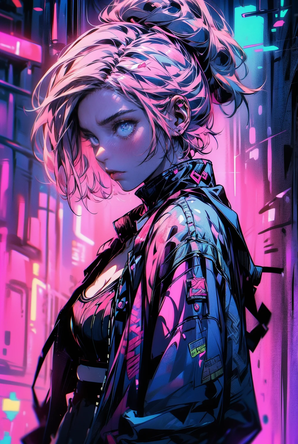 1girl,solo,cool,(((pink short hair,blue eyes))),big breast,cleavage,punk fashion,ghostly,
cyber,black,purple,pink,neon,
