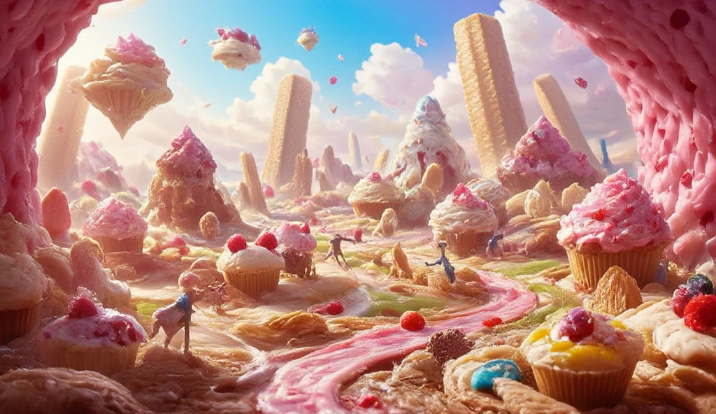 ((masterpiece)) ((photography)) ((Highest quality))  Imagine a whimsical, food-filled planet where everything is made of delicious, oversized treats. The landscape is a vibrant, sugary paradise—giant, soft cupcakes with icing mountains rise in the distance, and rivers of molten chocolate flow between grassy meadows of candy cane stalks. The sky is a pastel blue, with fluffy clouds that resemble cotton candy, and occasional bursts of sparkling sugar rain drift from above.  

Floating islands hover above the ground, each one a surreal, delectable world of its own. Some islands are entirely made of gingerbread, with icing details that look like delicate lace, while others are covered in lush greenery of mint leaves and edible flowers. There are massive, towering trees with trunks made of pasta, their branches reaching up to the sky with spaghetti and fettuccine hanging like vines.  

Gigantic cakes, covered in colorful frosting, tower over the landscape like skyscrapers, with frosting waterfalls cascading down their sides. In the distance, you can spot rivers of vanilla custard and lakes of blueberry jam, where marshmallow-like creatures drift lazily across the surface.  

Amidst this feast of flavors, bizarre creatures roam. Some are made entirely of fruit—like watermelon-dressed critters with lemon wedge tails—while others are made of chocolate or candy. The air smells like freshly baked cookies, and everywhere you look, there’s a sugary surprise waiting to be discovered.  

The planet is a true celebration of all things sweet and savory, a delightful, quirky world where every turn brings an unexpected, delicious joy.