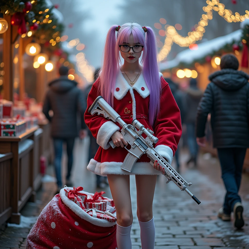 a cinematic full body pictrue of a Russian slim skinny teen girl holding an white AR-15 assult rifle, with white vampire color of skin with two pony tails long hair to the ground one side of here hair is pink the other side purple, heavy pastelle Make up with long eye lashes and pink rouge,oversized black thin glasses, with a necklace with the text "Love Santa" written on it. (Dressed as santa claus in a skin tight school girl with chrismast dress), super slim skinny waist, thin waist, skinny hourglass figure, super long skinny legs with white over the knee stockings, 20inch red platform high heels, She is standing besides a big santa sack with christmas presents, she is garding the presents, snow in the air evenning at the christmas market, beautiful worm light,  (holding an white AR-15 assult rifle), christmas theme background with christmas tree, full body shot, long shot, wida angel, full body legs and high heels, 