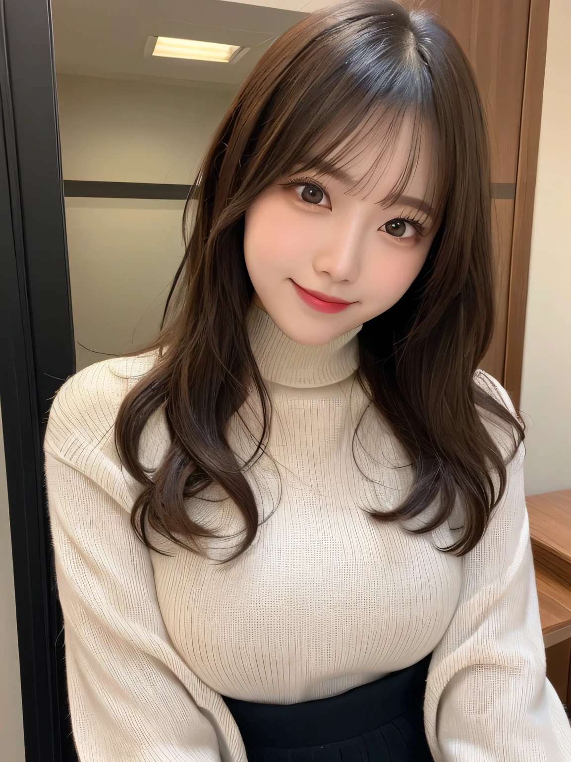 table top, highest quality, shape, Super detailed, finely, High resolution, 8k wallpaper, 完璧なダイナミックな構shape, beautiful and detailed eyes, Gorgeous and stylish black fluffy latest trend Tokyo winter clothes(long sleeve),ランダムなcute髪,small breasts,natural color lip, bold sexy pose,smile、20 year old girl、cute、look at the cameraのセクシーショット,Always blur the background,perfect and beautiful face,Take only the face,beautiful and detailed face、slim face and style,Big eyes、Do gal makeup,real photos、Shot from below the knee、Luxury condominium top floor room、look at the camera、black tights、sexy legs