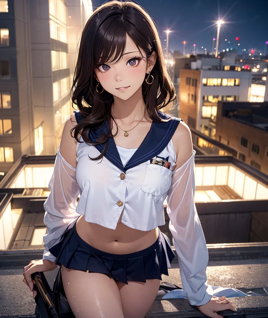 1girl，((Smooth, long brown hair fluttering in the wind，Green Eyes))，((masterpiece，Very realistic，A detailed anime wallpaper:1.4))，((Perfect Anatomy:1.2))，Cute symmetrical face，CG Unity 8k，((White Blazer Uniform，Black tie，pleated micro mini skirt，White thigh-high socks))，8K quality，Extremely sophisticated digital art，((hand in panties，masterbation:1.25))，Perfect cute girl，Staring shyly at the camera，A soothing smile，Very large breasts，Extremely detailed hair and face，Artistic pastel art，A pier with a beautiful night view of the big city and a starry sky，Professional Lighting，Supermodel，((Light blue lace side tie panties:1.15))，((Pussy juice:1.18))