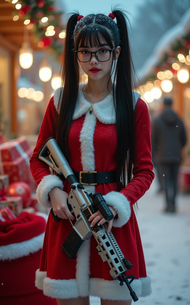 a cinematic full body pictrue of a Russian slim skinny teen girl holding an white AR-15 assult rifle, with white vampire color of skin with two pony tails long hair to the ground one side of here hair is pink the other side purple, heavy pastelle Make up with long eye lashes and pink rouge,oversized black thin glasses, with a necklace with the text "Love Santa" written on it. (Dressed as santa claus in a skin tight school girl with chrismast dress), super slim skinny waist, thin waist, skinny hourglass figure, super long skinny legs with white over the knee stockings, 20inch red platform high heels, She is standing besides a big santa sack with christmas presents, she is garding the presents, snow in the air evenning at the christmas market, beautiful worm light,  (holding an white AR-15 assult rifle), christmas theme background with christmas tree, full body shot, long shot, wida angel, full body legs and high heels, 