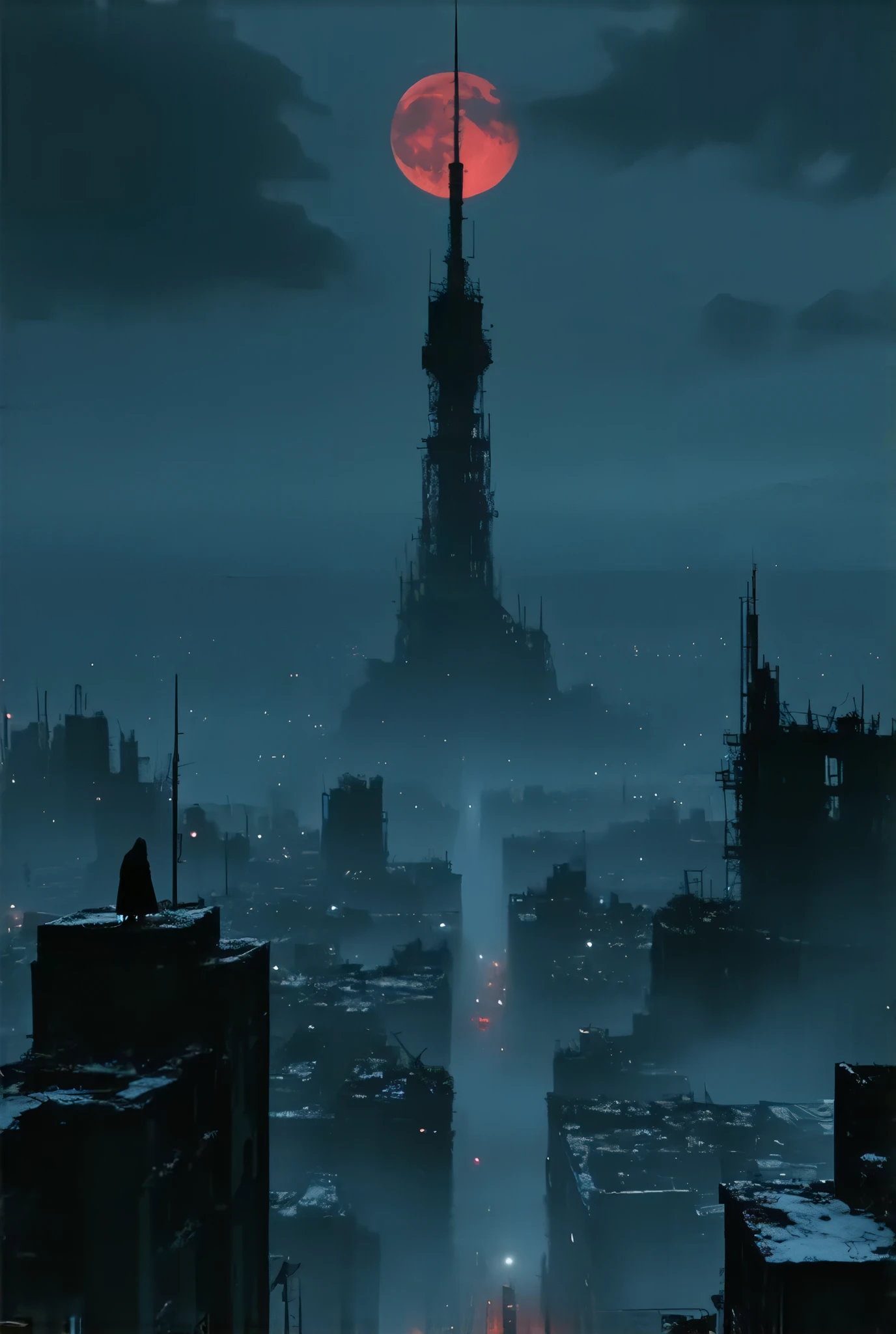 (8k, top quality, Masterpiece , Final Fantasy Style: 1.2),Atmospheric perspective, 8K, Very detailed, 
A gigantic tower of darkness has descended on Tokyo, dominated by pitch-black darkness, a gigantic tower of darkness shrouded in a frightening purple mist and emitting a suspicious red light, Tokyo dominated by darkness, a devastated and desolate place buried in snow. The streets of Tokyo, collapsed buildings, the crimson moon floating in the dark night, silence, fear, deep darkness, unnaturally distorted images, Rear view of Reaper sitting on the roof of a destroyed building with Death Scythe on his back