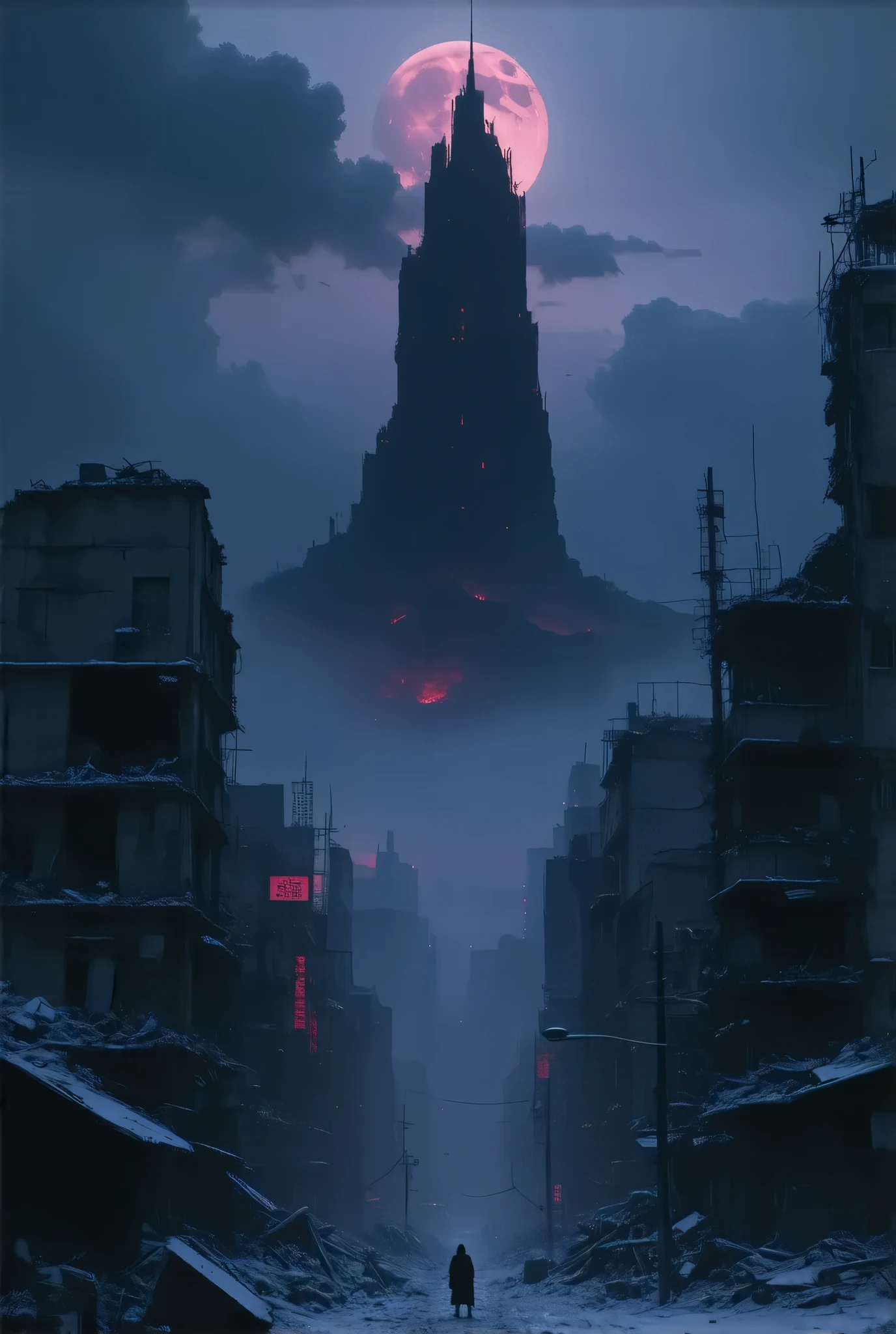 (8k, top quality, Masterpiece , Final Fantasy Style: 1.2),Atmospheric perspective, 8K, Very detailed, 
A gigantic tower of darkness has descended on Tokyo, dominated by pitch-black darkness, a gigantic tower of darkness shrouded in a frightening purple mist and emitting a suspicious red light, Tokyo dominated by darkness, a devastated and desolate place buried in snow. The streets of Tokyo, collapsed buildings, the crimson moon floating in the dark night, silence, fear, deep darkness, unnaturally distorted images, Rear view of Reaper sitting on the roof of a destroyed building with Death Scythe on his back