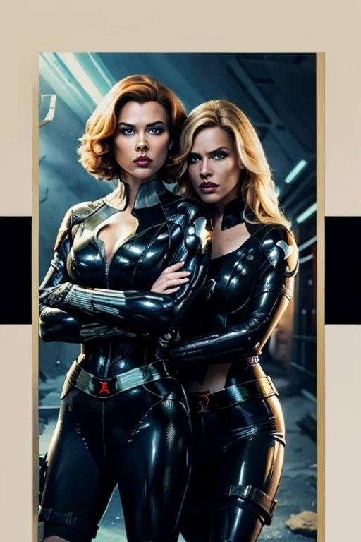 Black Widow and Susan Storm, Standing facing the User, arms around each other, large breast, cleavage.