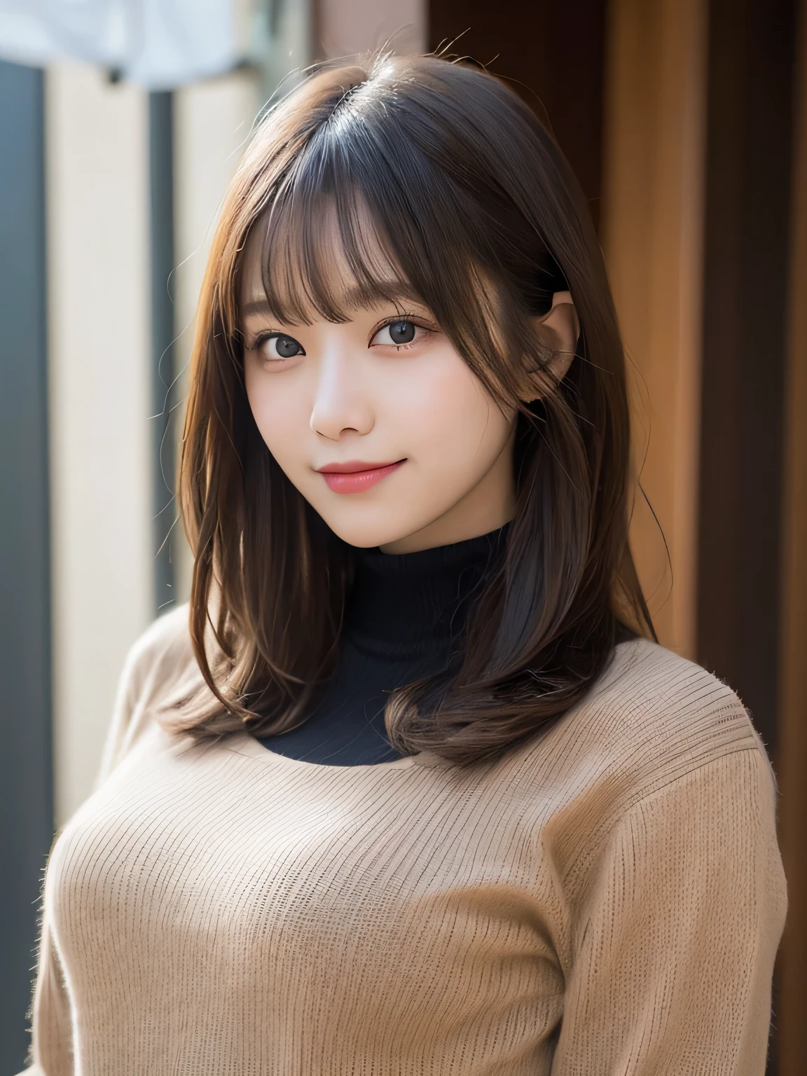 A close up of a woman with long hair wearing a turtle neck sweater ...