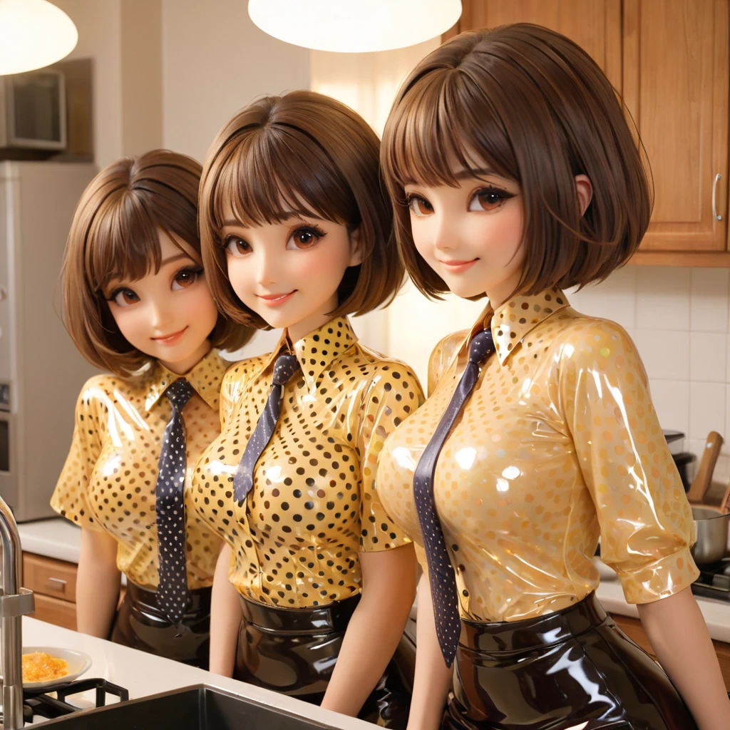 3 girls,  buttoned into extremely tight shiny latex blouse, Necktie, polka dot pattern, bob cut, brown hair , Breasts, smile, Lens reflection,  reflecting light ,  are in the apartment cooking, embrace 