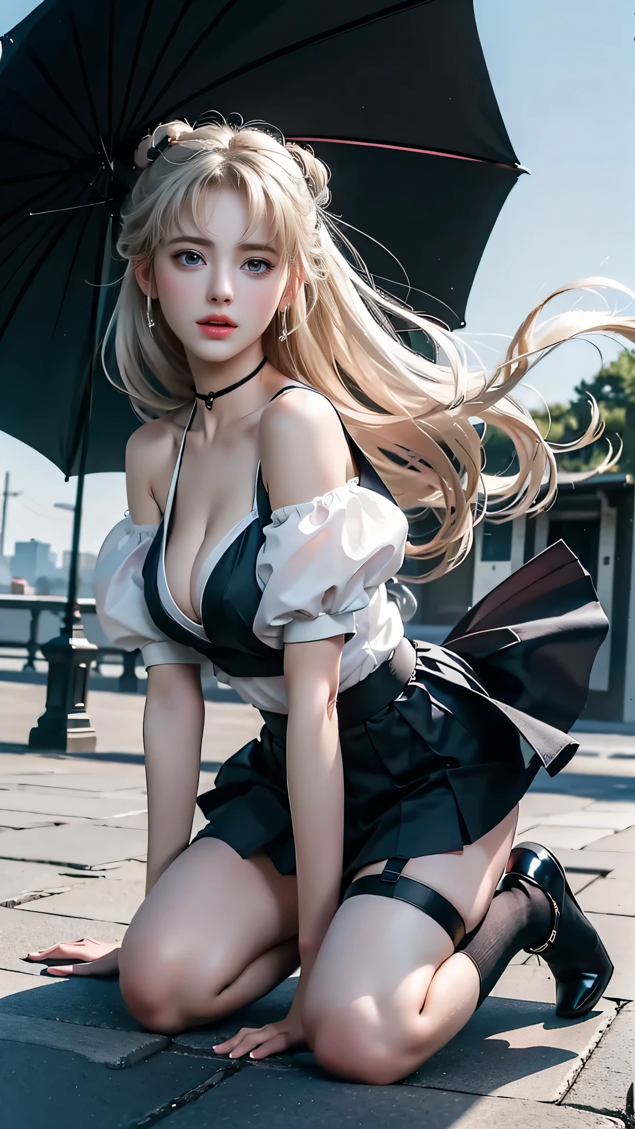 1girl in, Blonde hair, Bangs,(Shoulder length permed hair)、 Wavy Hair, PUPILS SPARKLING, longeyelashes, makeup, blue eyess, embarrassed, depth oF Field, From under the breasts, from chest to armpits, (wide angles), 超wide angles, F/1.8, 135 mm, canon, Uhard disk, retinas, masutepiece, ccurate, Anatomically correct, Textured skin, Super Detail, high details, High quality, hight resolution, 1080p, hard disk, 4K, 8K,(woman standing on the streets oF new york)、(boobs white floral dress:1.2)、(new york streets)、(Cleavage emphasis),(Skirt soars in the wind),(Marilyn Monroe),(Grab the skirt with both hands)