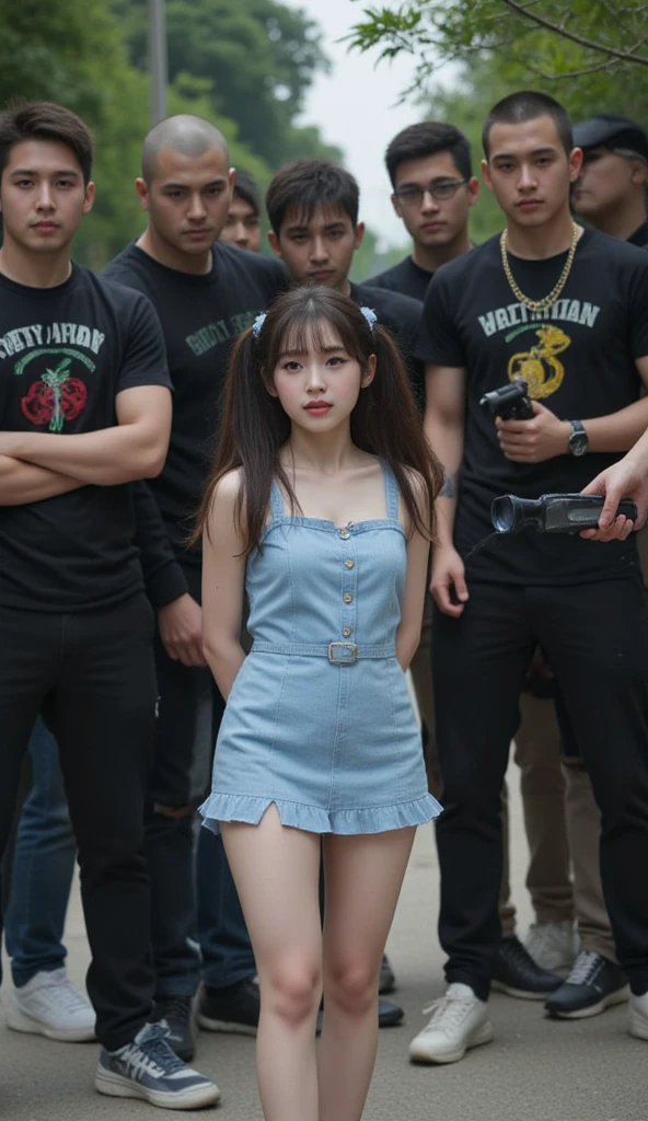 (NSFW), dynamic,
realistic, Press photo, Documentary Technique, Very clear image,HDR,
(full body visible:1.5), 

1girl, 3guy,

A Korean beauty idol is captured by a korean gang and surrounded by men who look like they're ruthless,
The girls are smaller than the guys, and didn't even reach the men's shoulders,
the girl *******,
The girl's skin is translucently white,
the girl's hair is pur black twintails,
her name is Arin,

A man with a shaved head, a muscular man, a man wearing a thick necklace of bacteria,
a man has tattoo,
Men have horrible looks,
Men despise girls,
Men are criminals,
Men are crazy,
Men are sadists,
The men threatened the girl with knives and guns,

Rough men,
the men are treating the girl roughly,
The girl's costume is a light blue mini dress,
The girl's dress is sleeveless,
the girl's dress is torn litle,
the girl is terribly frightened,
The girl's eyes are wide with fear,
The girl is frightened, cowering,
the girl trembling looking up at the men,
The girl is treated like a slave,
The girl was subjected to violence,
the men assaulted her,
The girl was hurt by the men,
Girls are men's toys,
Men gang-rape girls,
The girl was so scared that she peed herself,

gang office,