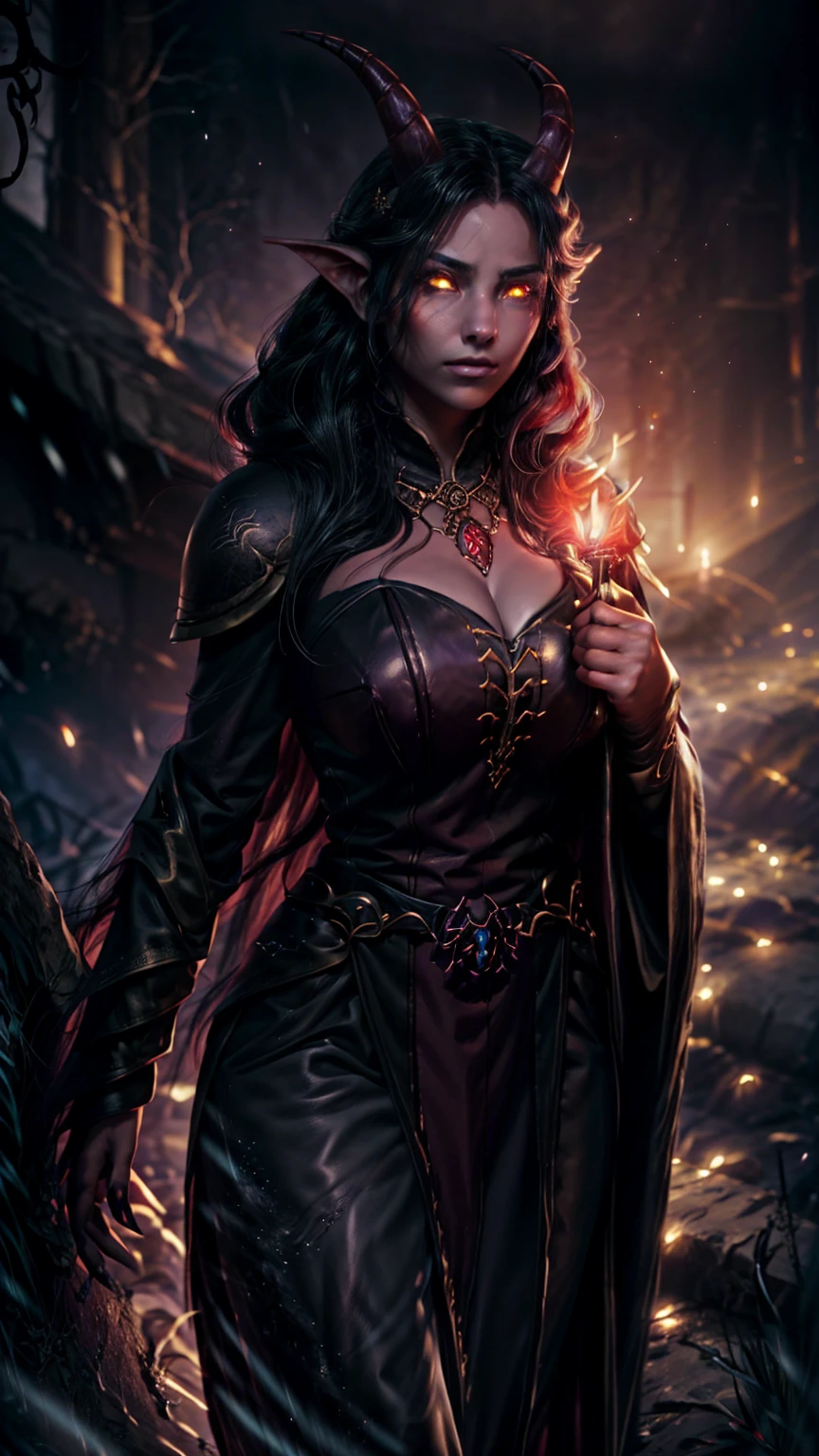 Highly detailed, realistic, cinematic. A beautiful female Tiefling D&D warlock with crimson skin, red skin, colored skin, glowing golden eyes, and elegant curved horns. She wears dark, intricate leather robes adorned with mystical runes and arcane symbols. Her long, flowing hair cascades around her shoulders, and she holds a crackling, glowing eldritch staff in one hand. The setting is a dark and atmospheric fantasy landscape, with faint purple magical energy swirling around her. Her pose is confident and mysterious, exuding power and otherworldly charm