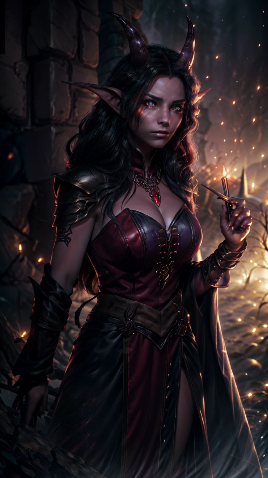 Highly detailed, realistic, cinematic. A beautiful female Tiefling D&D warlock with crimson skin, red skin, colored skin, glowing golden eyes, and elegant curved horns. She wears dark, intricate leather robes adorned with mystical runes and arcane symbols. Her long, flowing hair cascades around her shoulders, and she holds a crackling, glowing eldritch staff in one hand. The setting is a dark and atmospheric fantasy landscape, with faint purple magical energy swirling around her. Her pose is confident and mysterious, exuding power and otherworldly charm