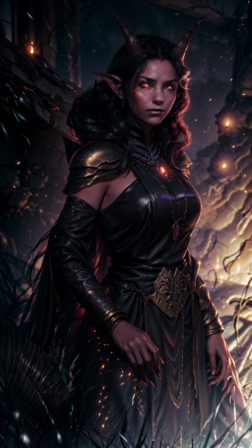 Highly detailed, realistic, cinematic. A beautiful female Tiefling D&D warlock with crimson skin, red skin, colored skin, glowing golden eyes, and elegant curved horns. She wears dark, intricate leather robes adorned with mystical runes and arcane symbols. Her long, flowing hair cascades around her shoulders, and she holds a crackling, glowing eldritch staff in one hand. The setting is a dark and atmospheric fantasy landscape, with faint purple magical energy swirling around her. Her pose is confident and mysterious, exuding power and otherworldly charm