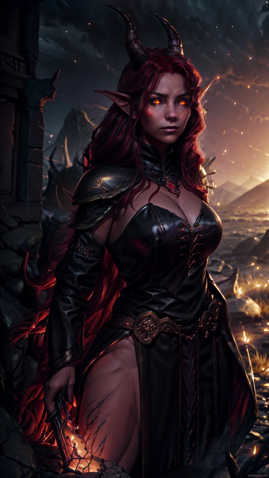 Highly detailed, realistic, cinematic. A beautiful female Tiefling D&D warlock with crimson skin, red skin, colored skin, glowing golden eyes, and elegant curved horns. She wears dark, intricate leather robes adorned with mystical runes and arcane symbols. Her long, flowing hair cascades around her shoulders, and she holds a crackling, glowing eldritch staff in one hand. The setting is a dark and atmospheric fantasy landscape, with faint purple magical energy swirling around her. Her pose is confident and mysterious, exuding power and otherworldly charm