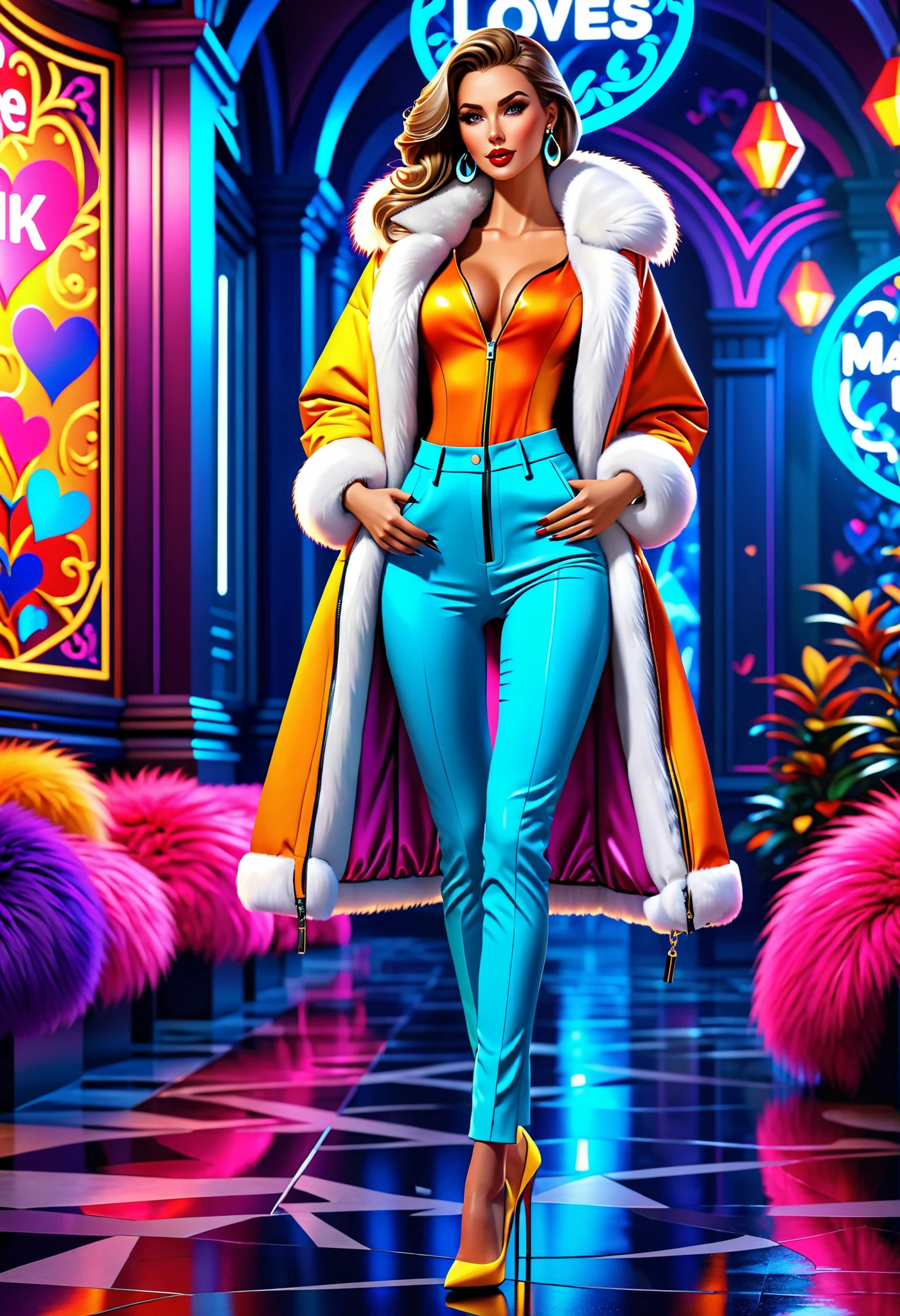  Cartoon Style , Bright girl,  sexy, Charming, Gorgeous,  Beautiful Lightweight Jacket, trousers, Fur Vest ,  heels,  full height,  Perfect Anatomy ,  background Fantasy of Love ,  better quality ,  complex , bright colors, 8 k,  masterpiece fails,  Maximum Details , 