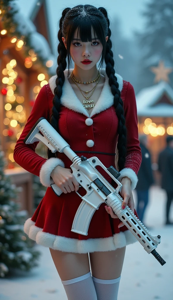 a cinematic full body pictrue of a Russian slim skinny teen girl holding an white AR-15 assult rifle, with white vampire color of skin with two pony tails long hair to the ground one side of here hair is pink the other side purple, heavy pastelle Make up with long eye lashes and pink rouge,oversized black thin glasses, with a necklace with the text "Love Santa" written on it. (Dressed as santa claus in a skin tight school girl with chrismast dress), super slim skinny waist, thin waist, skinny hourglass figure, super long skinny legs with white over the knee stockings, 20inch red platform high heels, She is standing besides a big santa sack with christmas presents, she is garding the presents, snow in the air evenning at the christmas market, beautiful worm light,  (holding an white AR-15 assult rifle), christmas theme background with christmas tree, full body shot, long shot, wida angel, full body legs and high heels, 