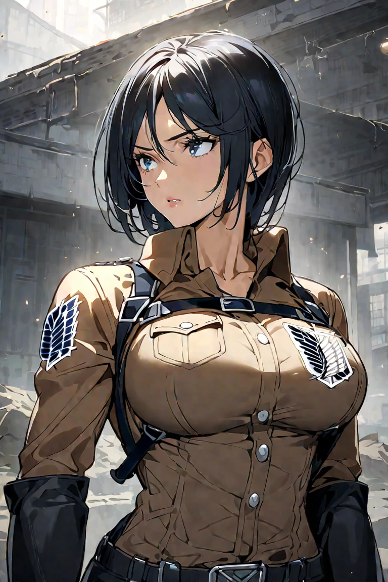  women casually put together long black hair、 has a cool and sharp gaze 。 A slightly strict expression, but 、 and you can see strong will and determination in her eyes 。 has a toned body and 、 when instructing characters from the anime version 。 she is wearing a Survey Corps uniform 、 wears a three-dimensional starter on her waist 。 wears a jacket that cuts down on overall waste 、 are indicated based on the characteristics of the anime version of Mikasa {x} pants and boots fit perfectly for battle。 and has an overall design that eliminates waste 、 for ease of movement The 。Beautiful, muscular, and beautiful woman with big breasts 」