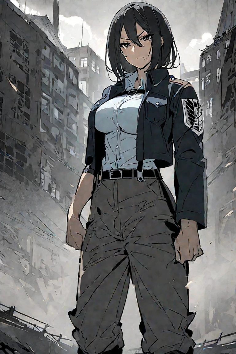  women casually put together long black hair、 has a cool and sharp gaze 。 A slightly strict expression, but 、 and you can see strong will and determination in her eyes 。 has a toned body and 、 when instructing characters from the anime version 。 she is wearing a Survey Corps uniform 、 wears a three-dimensional starter on her waist 。 wears a jacket that cuts down on overall waste 、 are indicated based on the characteristics of the anime version of Mikasa {x} pants and boots fit perfectly for battle。 and has an overall design that eliminates waste 、 for ease of movement The 。Beautiful, muscular, and beautiful woman with big breasts 」