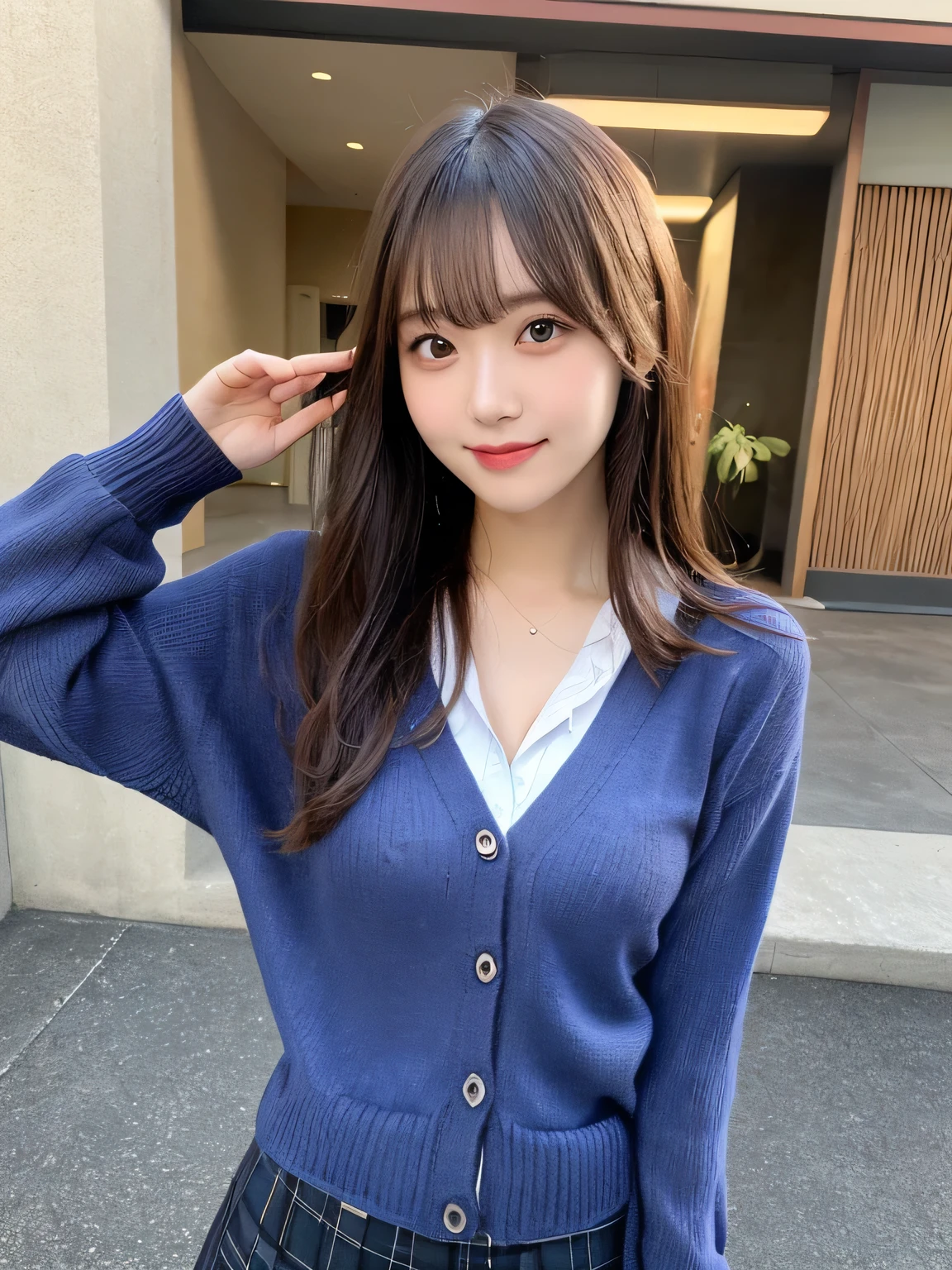 (8K), (Highest Quality: 1.2), (Realistic), (Realistic: 1.37), Ultra High Resolution, (One Girl, Cute, Smiling, Closed Mouth, Thick Lips, Red Lips, Beautiful Details, Beautiful Nose, (Bob Hair), 16 Years Old,, Selfie Snap, (School Uniform), (Navy Blue Cardigan), White Shirt, Tie, Pleated Skirt, (Blue Knee-High Socks), From Above, Close-up of Face, Thin Necklace, (Medium Shot: 1.2), There are houses and utility poles in the background and the slightly cloudy sky creates a soft and calm atmosphere.