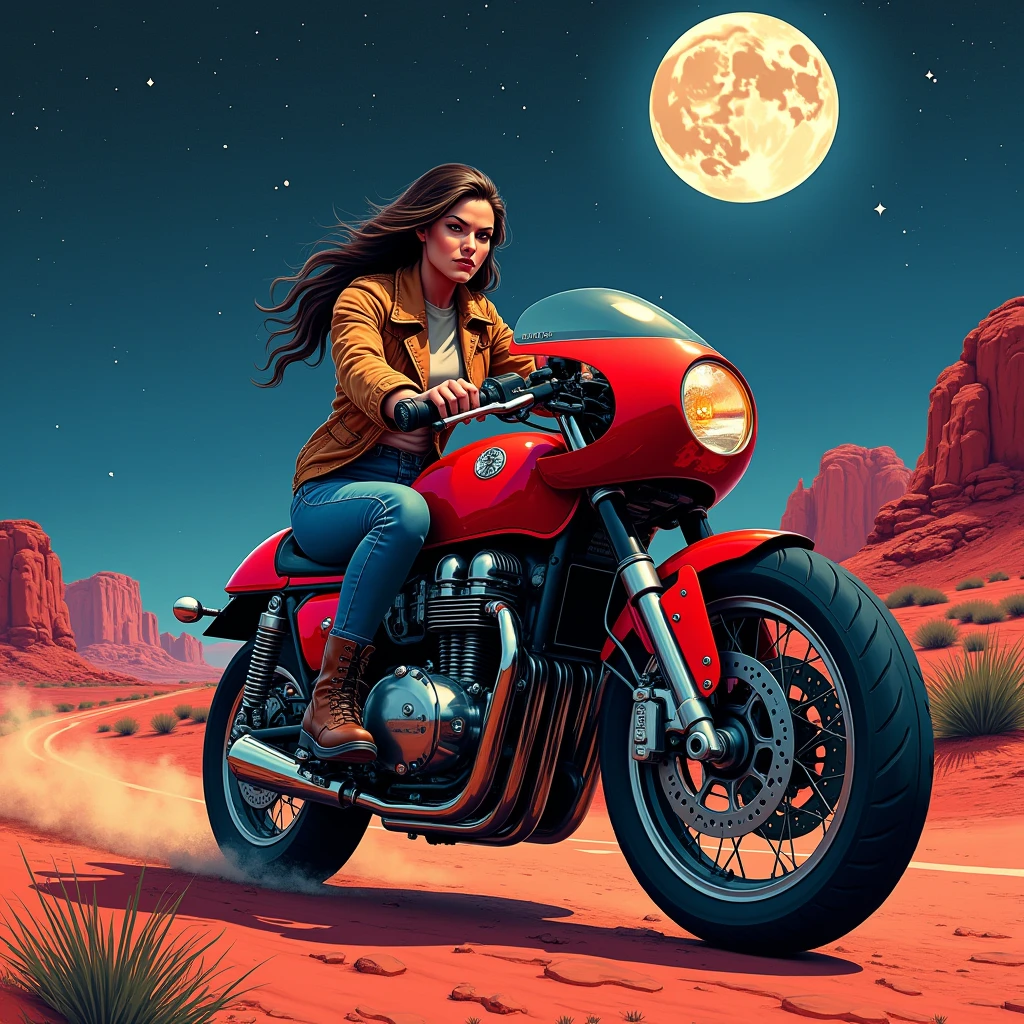 ( masterpiece fails), ( top quality), (the best detail), (Distant general view), (postage stamp),(main color of the illustration: bright saturated red), (secondary color: lapis lazuli), red cafe racer motorcycle,  run by a woman with a defiant posture, very  in detail chassis, futuristic western landscape, Night (many stars, moon), shading ( in detail, great contrast),  very rich cellulosic colors  