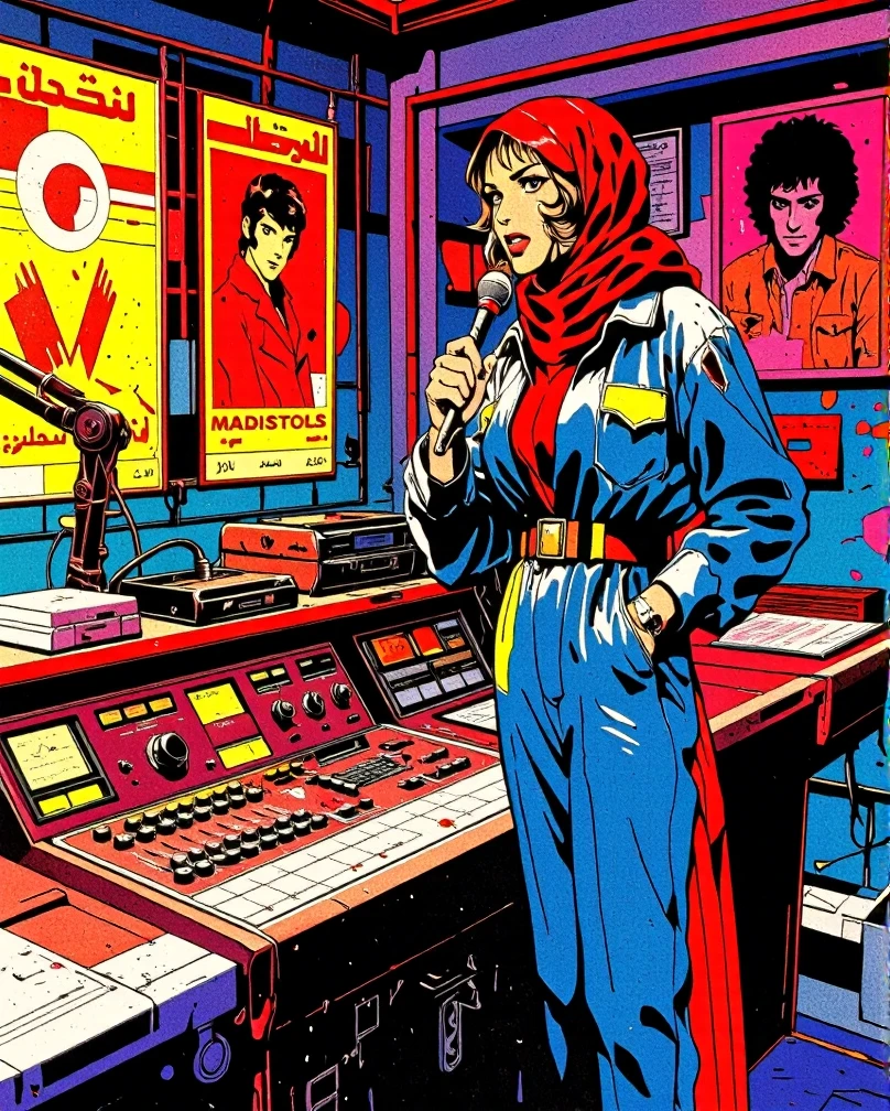 Art style by H. R. Giger, Art Style by Moebius, 


A vibrant and meticulously crafted coloring book comic style illustration of a Saudi Arabian woman, adorned in a vivid '80s ensemble that includes a bold red headscarf, a blue jumpsuit with neon yellow accents, and white sneakers, standing confidently in a bustling radio station from the era. The setting is a blend of retro technology and Saudi cultural flair, with a raw, hand-drawn appeal. She operates an old-school mixing board with large dials and flashing lights, while holding a microphone to her lips, ready to captivate her audience with her melodious voice. In the background, neon lights in various shapes and sizes cast a vivid glow over the room, illuminating vintage posters of iconic pop stars and the radio station's logo. A cassette tape player and a stack of records hint at the era's popular music format. The walls are adorned with geometric patterns and colorful splashes of paint, creating a lively ambiance. The woman's eyes sparkle with enthusiasm as she monitors the sound levels and keeps an eye on the incoming call queue. The scene is filled with playful, uncolored line art that invites the viewer to engage their imagination and bring the scene to life with their own color choices. Her full body is presented in an exaggerated pose that showcases both her professional prowess and the quirky charm of the era, with her hair styled in a voluminous '80s perm that adds to the retro aesthetic. The overall composition is dynamic and energetic, capturing the essence of a bygone time through a modern, whimsical lens.