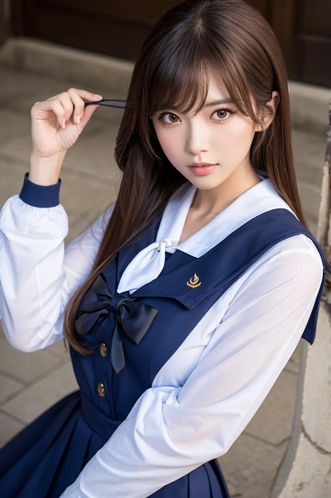 (highest quality、masterpiece:1.2)、highest quality、realistic、photograph、High resolution、1080p、8K、Pale, rough skin、The face is especially pale., physical rendering、one Japanese girl、Japanese junior high school student sitting、cute japanese girl, 14 years old, , (((big very detailed beautiful dark brown eyes))), ((girly large wine-red glossy polyester Japanese school ribbon bow tie)), ((((very beautiful long braids hair)))), ((((deep blue colored tartan checkered formal long pleated skirt)))), ((A formal dark blue blazer that is slightly oversized and has an emblem on the left chest.)), ((Watching the viewer and laughing)), Very fun, Very happy, mouth is open, the skirt is so cute, detailed fingers, modest chest, ((curled bangs)), so beautiful, long eyelashes, ((The big and very, very, very cute eyes of a Japanese girl)), double eyelids, The entire skirt is photographed, Very cute face, thin eyebrows, ((drooping eyes)), ((long eyelashes)), maximum smile, The pure white light hits my face from the front, making my eyes sparkle., (((((Very pretty princess-like face)))))
