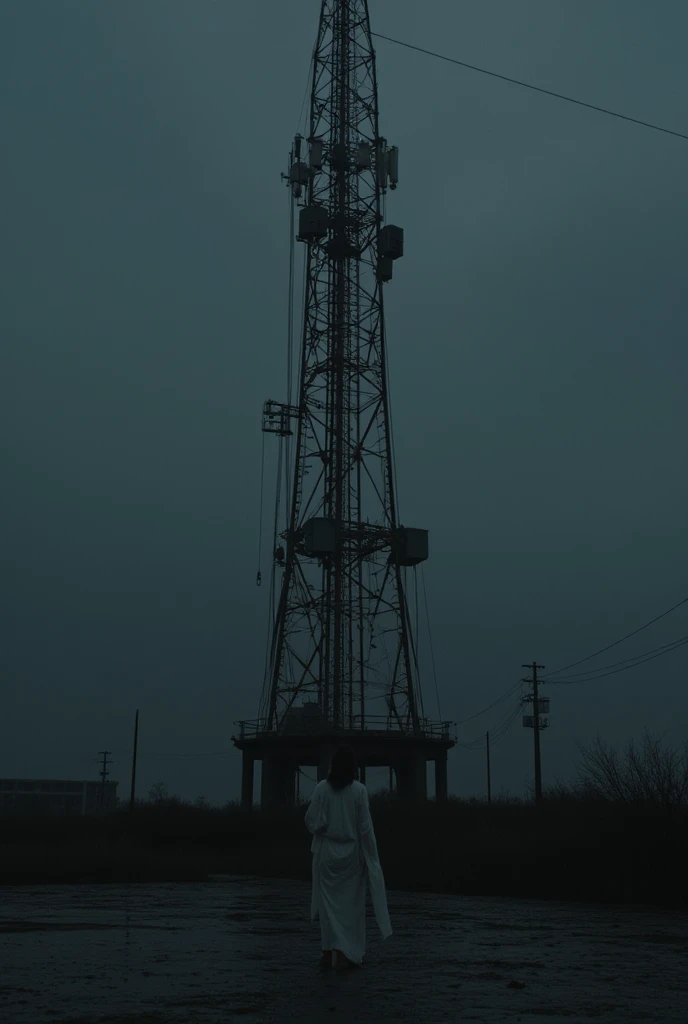  pee stain spread on the kimono ,  proper placement , Golden Ratio,  Tower of Darkness, Rainy Night :2.0, There are no lights :2.0, Dark World :2.0,  dark radio tower standing in the middle of the riverbed :1.331,  An abandoned radio tower with a complicated structure behind it:1.331,  countless cables on a radio tower , Lightly dressed woman dressed in white :1.331, Viewers look up in perspective :1.8, ( top quality:1.4),  32k high resolution UHD , masterpiece:1.2, Highly detailed live action,  realistic , 超 realistic :1.4, 