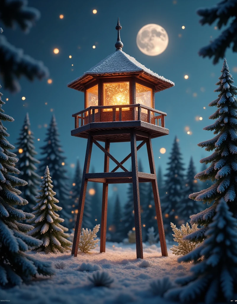  A dark tower standing above the forest, A dark watchtower , at night, moon, 