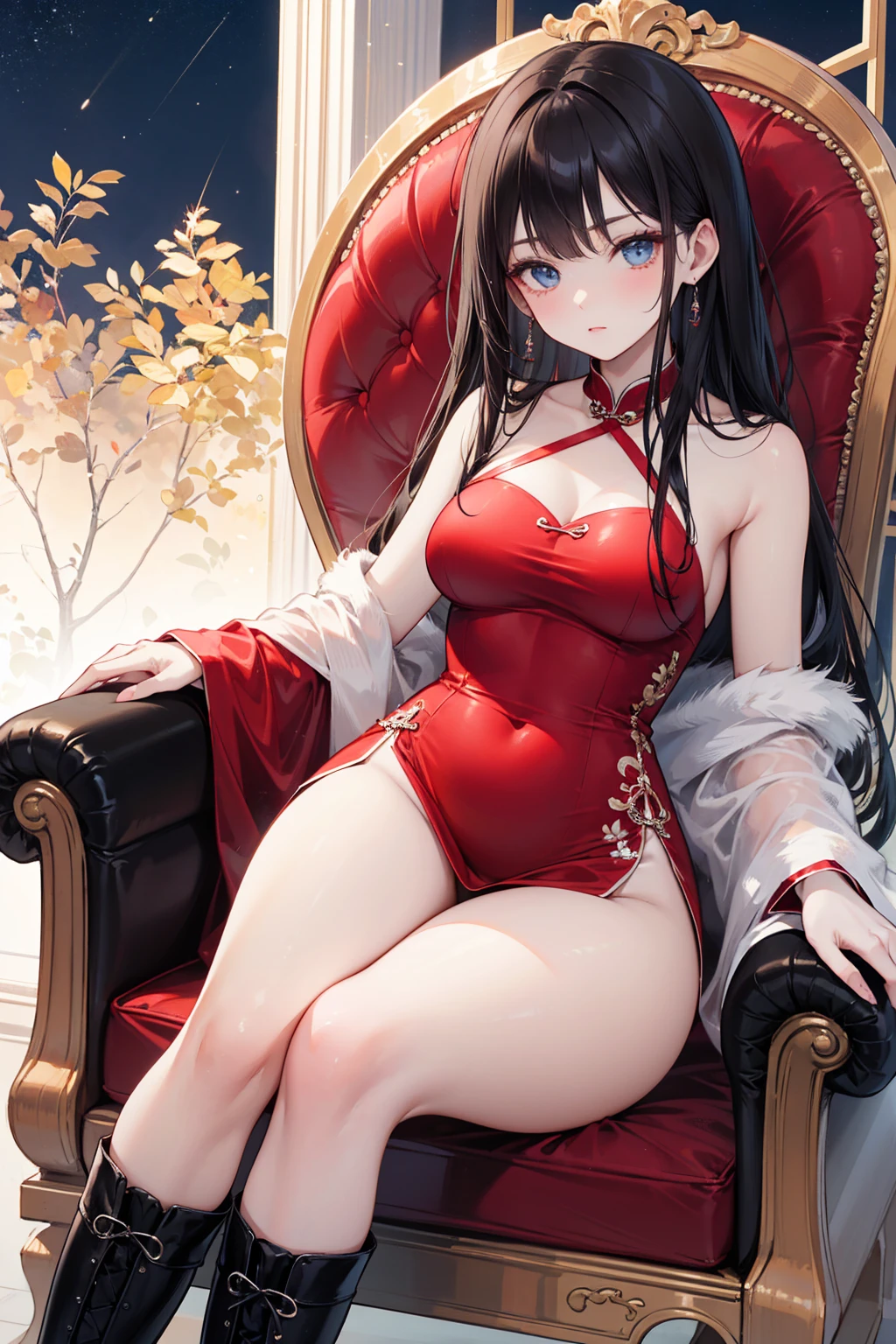 (best image quality, masterpiece:1.2), absolute resolution, high quality, one woman,(Black hair mixed with red:1. 1), brown eyes, big breasts,naked,topless,bottomless,shy,on the bed,pornographic pose
