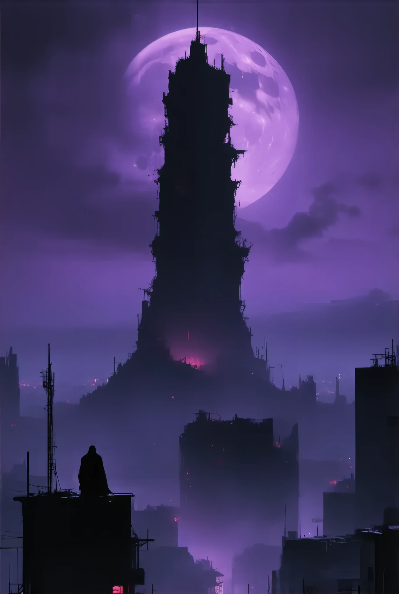 (8k, top quality, Masterpiece , Final Fantasy Style: 1.2),Atmospheric perspective, 8K, Very detailed, 
A gigantic tower of darkness has descended on Tokyo, dominated by pitch-black darkness, a gigantic tower of darkness shrouded in a frightening purple mist and emitting a suspicious red light, Tokyo dominated by darkness, a devastated and desolate place buried in snow. The streets of Tokyo, collapsed buildings, the crimson moon floating in the dark night, silence, fear, deep darkness, unnaturally distorted images, Rear view of Reaper sitting on the roof of a destroyed building with Death Scythe on his back