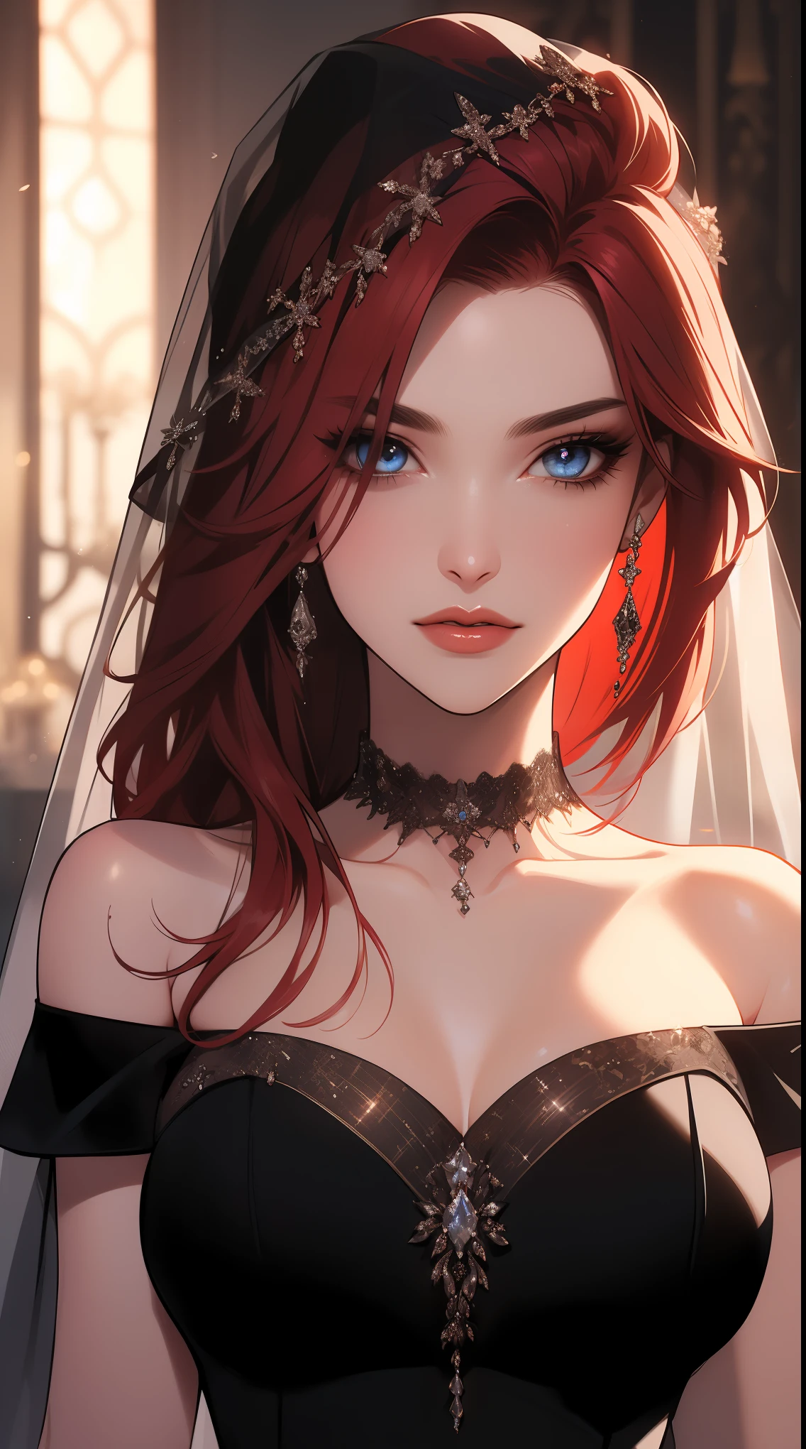 kallen stadtfeld, blue eyes, ((red hair:1.5)), short hair,
BREAK ((black wedding dress,black bridal veil,off-shoulder:1.5))
BREAK crossed arms,angry, pov,
BREAK (masterpiece:1.2), best quality, high resolution, unity 8k wallpaper, (illustration:0.8), (beautiful detailed eyes:1.6), extremely detailed face, perfect lighting, extremely detailed CG, (perfect hands, perfect anatomy),