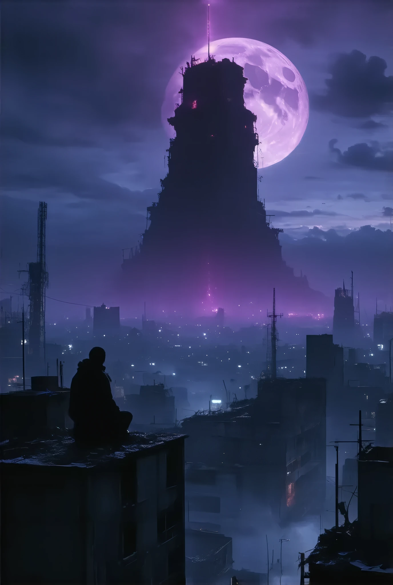 (8k, top quality, Masterpiece , Final Fantasy Style: 1.2),Atmospheric perspective, 8K, Very detailed, 
A gigantic tower of darkness has descended on Tokyo, dominated by pitch-black darkness, a gigantic tower of darkness shrouded in a frightening purple mist and emitting a suspicious red light, Tokyo dominated by darkness, a devastated and desolate place buried in snow. The streets of Tokyo, collapsed buildings, the crimson moon floating in the dark night, silence, fear, deep darkness, unnaturally distorted images, Rear view of Reaper sitting on the roof of a destroyed building with Death Scythe on his back