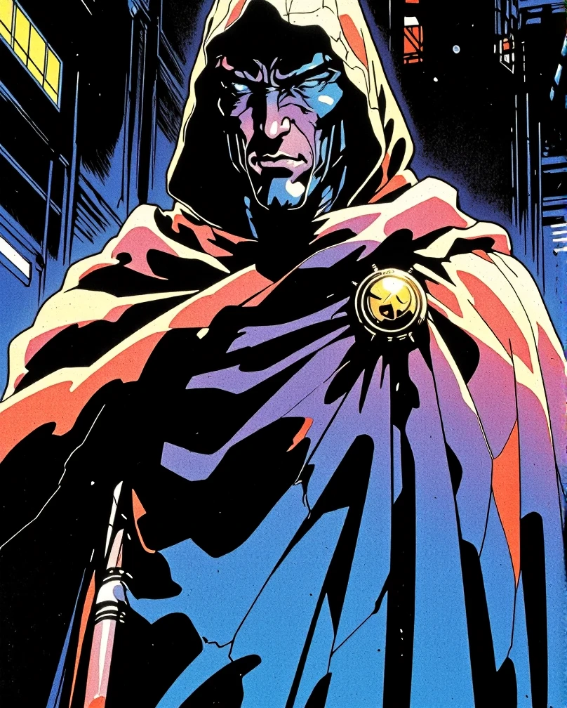 Art style by H. R. Giger, Art Style by Moebius, 


A masterful closeup shot of a robot, Jay Anacleto's creation, standing tall and regal in the shadowy depths of a futuristic sci-fi street. Draped in an intricately designed multi-colored cape that billows out behind it, the robot's metallic form is adorned with a symphony of hues, each fold and detail of the garment painstakingly rendered to perfection. The cape's edges are tattered yet majestic, hinting at a storied past filled with adventure and battles won. Jay Anacleto's signature style shines through the dramatic lighting from below, casting sharp contrasts and deep shadows that accentuate the robot's angular features. Its eyes, a piercing blue, seem to gleam with an inner wisdom, reflecting the neon glow of the bustling cityscape that lies just out of the frame. The robot's expression is stoic yet enigmatic, as if contemplating the vast complexities of the world it now inhabits. The scene is a visual feast of textures, with the cape's velvety softness juxtaposed against the robot's cold, hard exterior. This is a moment frozen in time, a testament to the harmonious blend of the technological and the organic, captured with the finest artistry and quality. The dim lighting casts a moody atmosphere, elevating the scene into a cinematic masterpiece that could be plucked straight from the pages of a graphic novel or the screen of a blockbuster film. Each pixel of the image is a testament to Jay Anacleto's unrivaled skill in bringing this futuristic character to life, leaving the viewer in awe of the silent guardian standing vigil in the heart of the neon city.