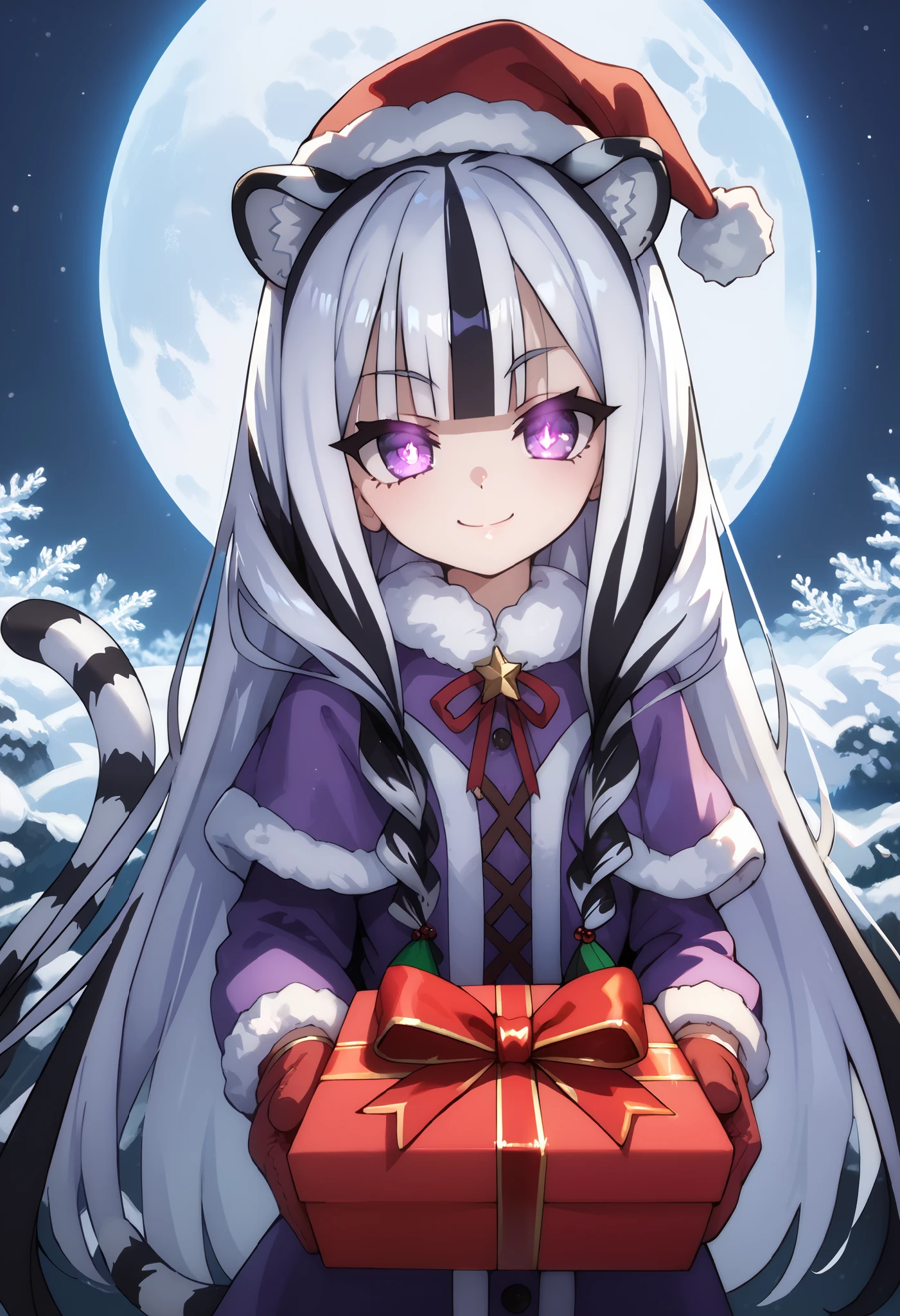 ((masterpiece)), anime lighting, 1girl, solo, long hair, white hair, black hair, multicolored hair, white tiger ears, white tiger tail, open eyes, purple eyes, cute, santa outfit, purple outfit, black outfit, multicolored outfit, santa hat, holding present, mittens, giving giftbox, giving to viewer, manic smile, shortstack, glowing eyes, dramatic lighting, realistic lighting, moon light.