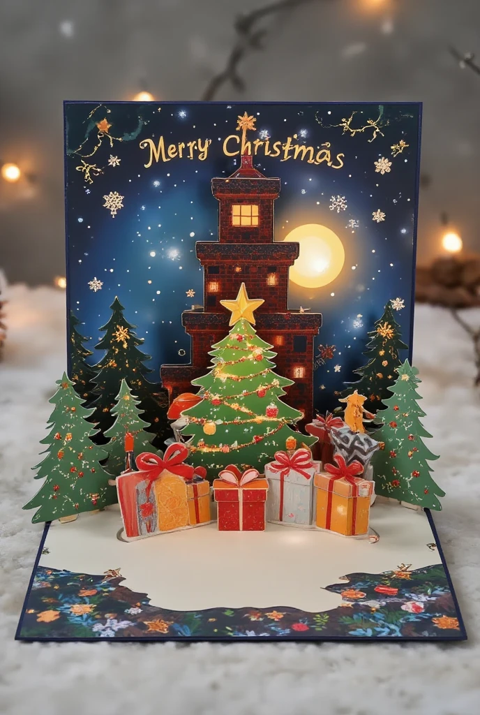  A dark tower standing above the forest, A dark watchtower , at night, moon, , Christmas tree, and gift boxes.  Highlight text，For example "Limited time offer " and ""Merry Christmas",,Cardboard art engraving